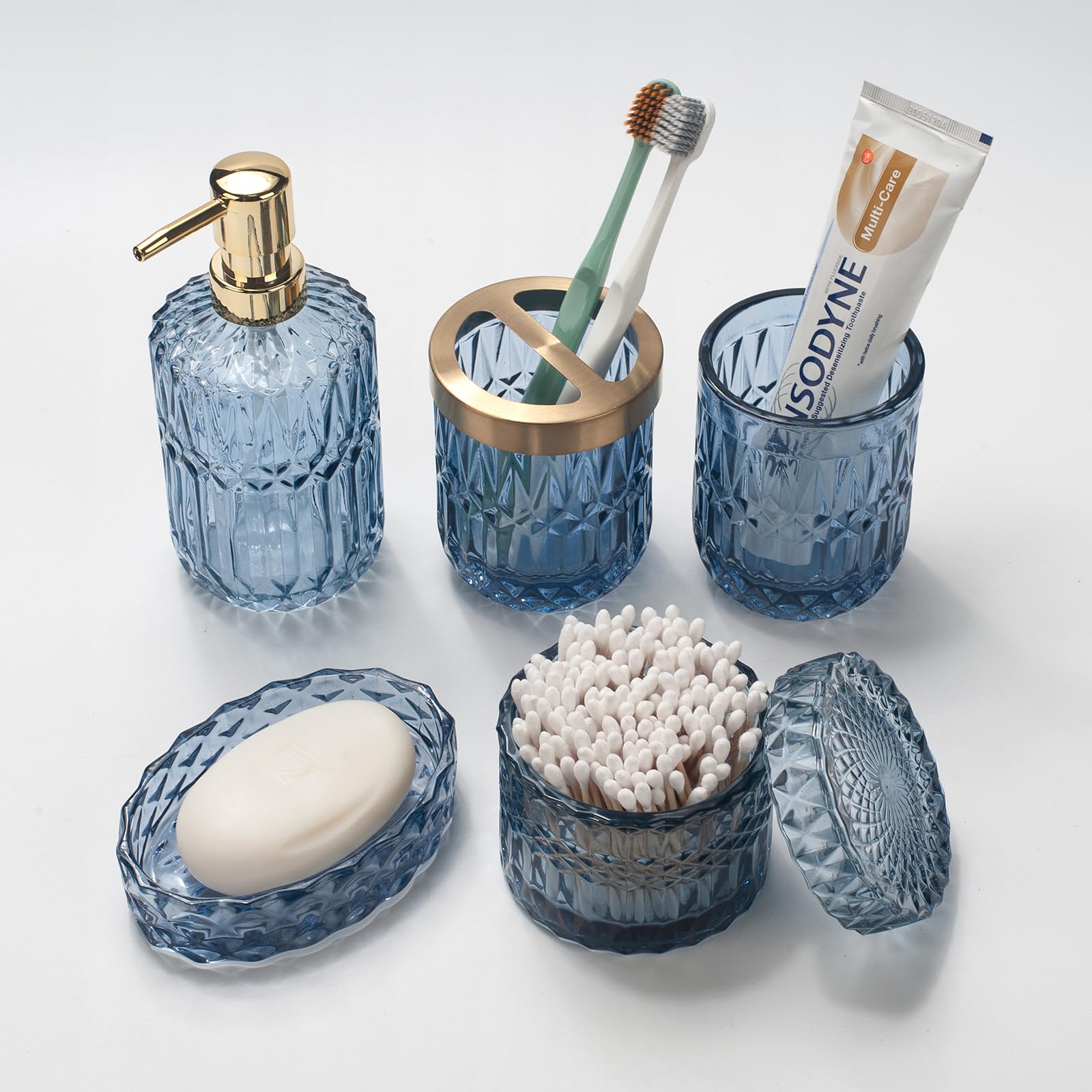 Ivailex 5Pcs Blue Glass Bathroom Accessories Sets Of Lotion Dispenser, Soap Dish, Toothbrush Holder, Tumbler, Cotton Swab Jars,