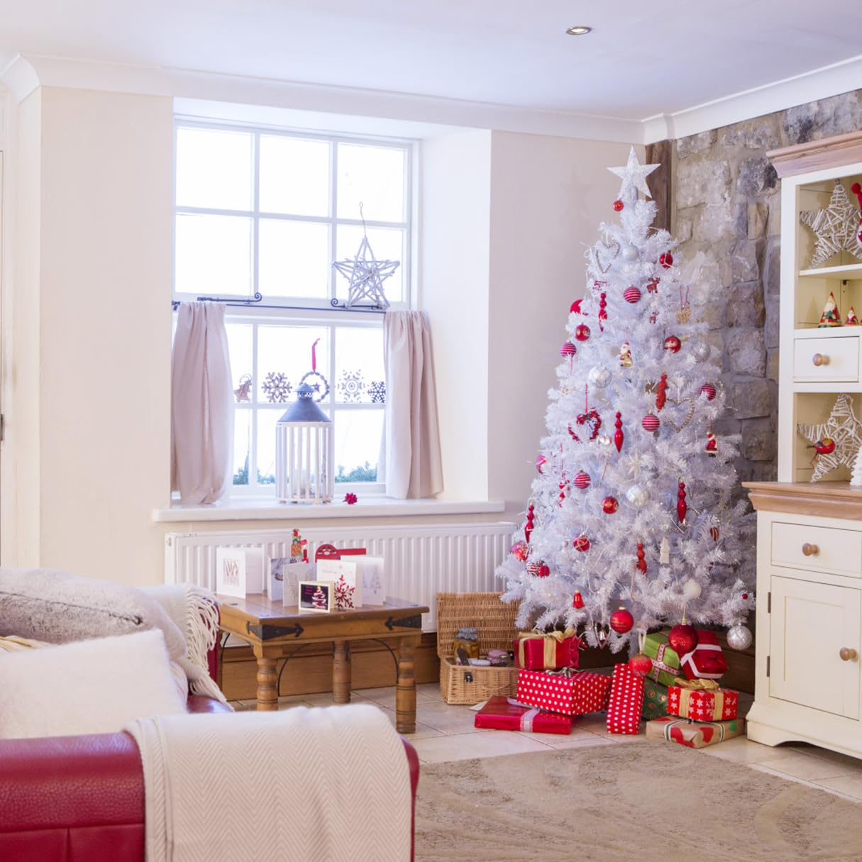 6ft White Christmas Tree, Xmas Tree Artificial Christmas White Trees with 1005 Branch Tips and Decorations(1pcs Top Star, 2set 2