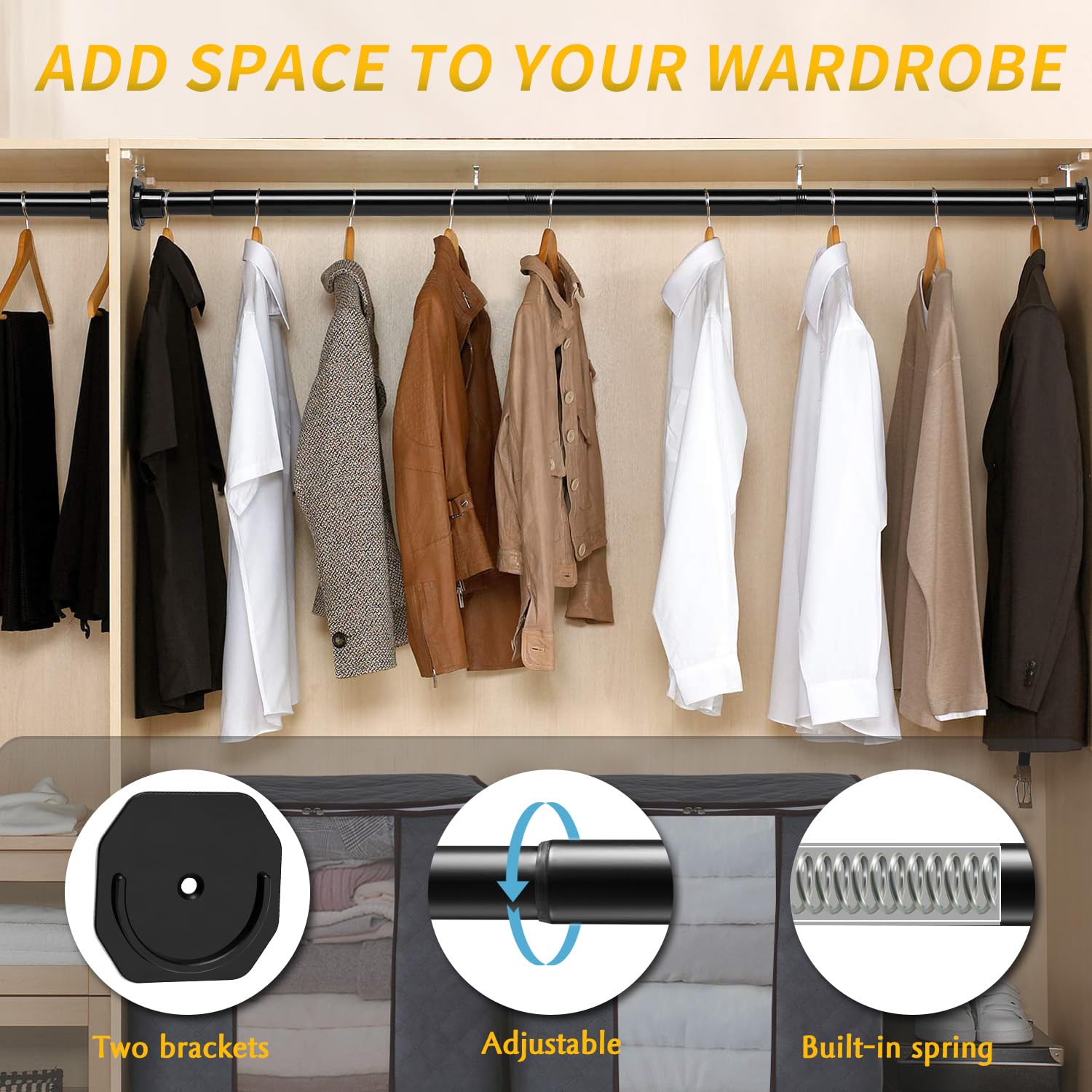 Luvenia Closet Rod Matte Black, 30 To 40 Inch No Drilling Adjustable Closet Rods For Hanging Clothes Heavy Duty Metal Closet Pol