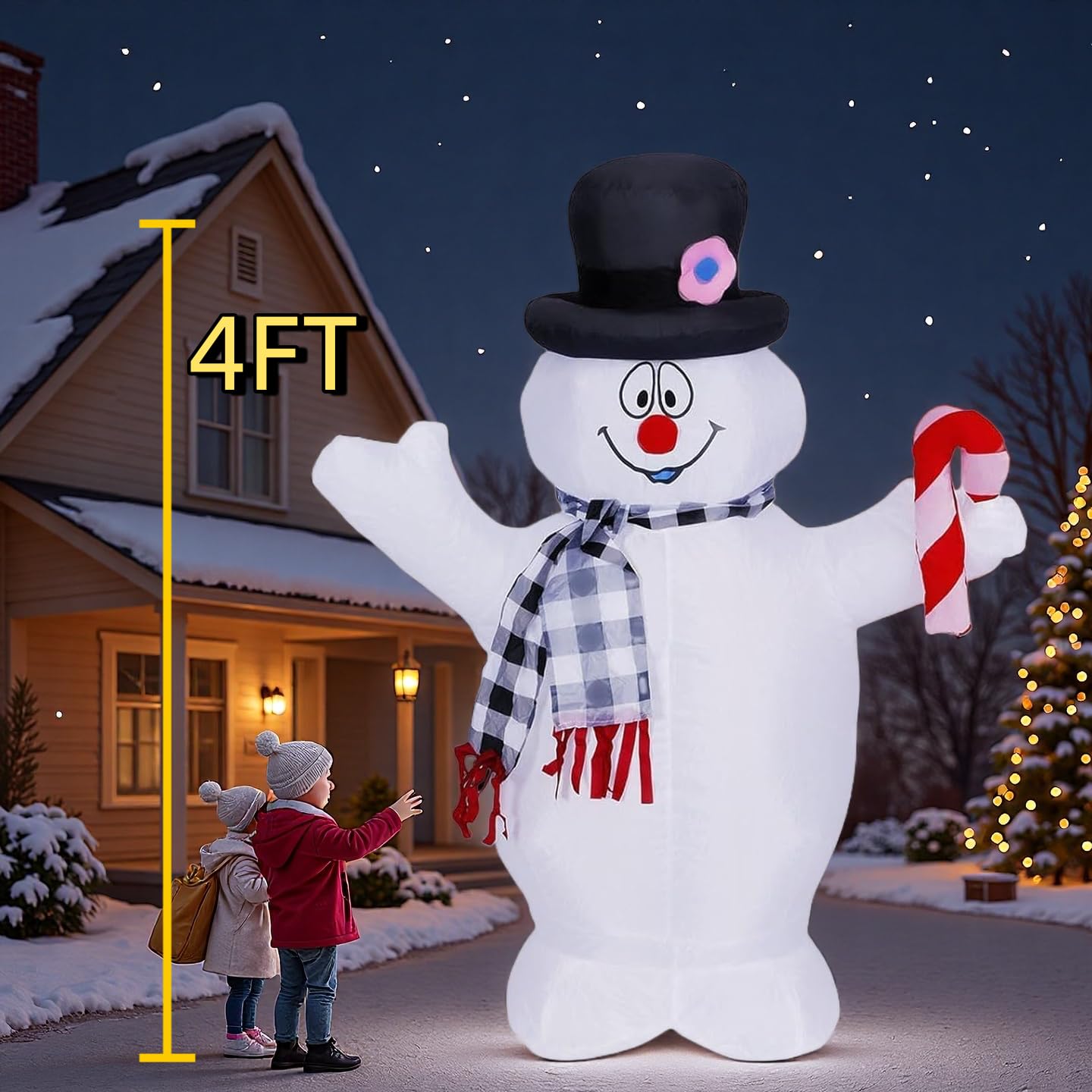 4FT Inflatable Christmas Snowman Outdoor Decoration with LED Lights and Candy Cane, Suitable for Indoor and Outdoor Use Such as