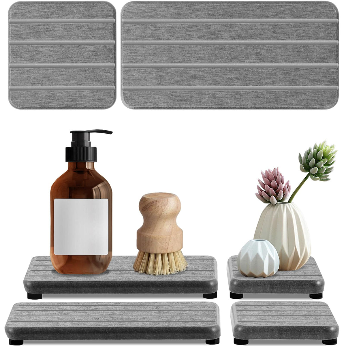 4Pcs Stone Drying Tray For Bathroom Sink And Kitchen Counter, Fast Drying Diatomite Stone Sink Tray, Stone Soap Tray, Diatomaceo