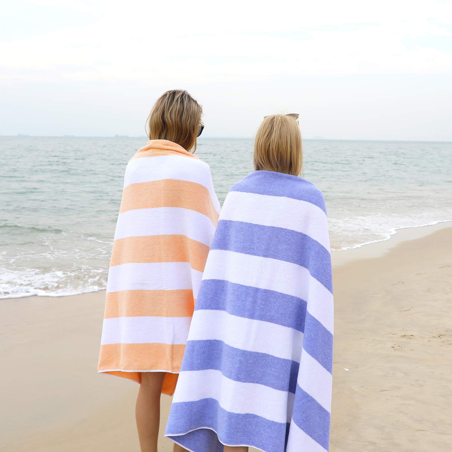 Clowood Plush Oversized Beach Towel - Cotton 40 X 72 Inch Large Thick Orange Striped Cabana Pool Swimming Towel