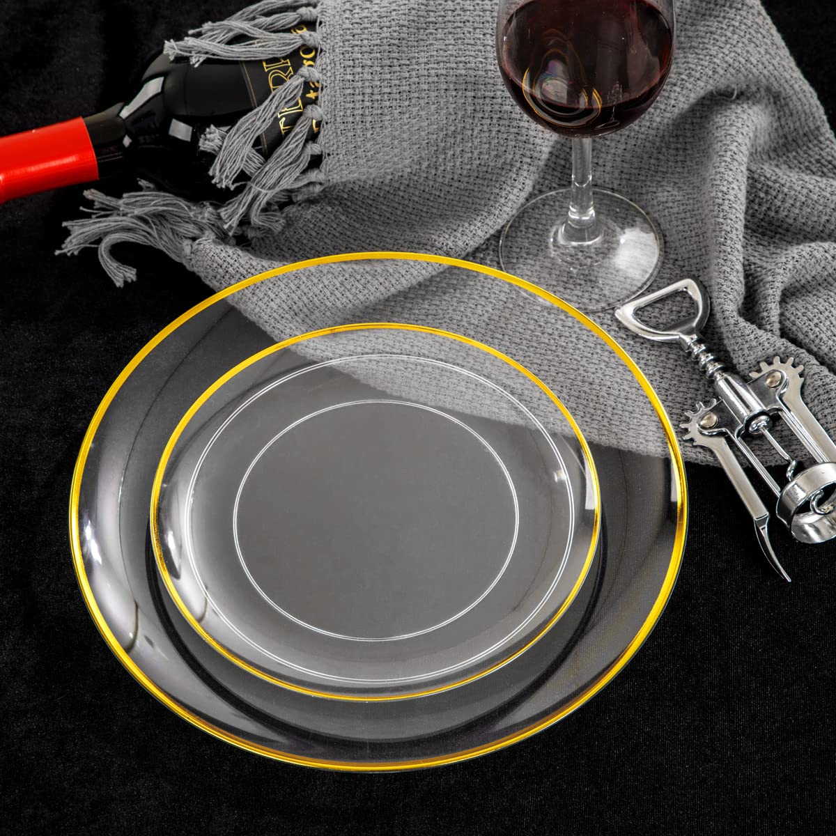 LIYH 60pcs Clear Plastic Plates and Gold Trim Disposable Plastic Plates Heavty Duty Includes:30 Dinner Plates 10.25'' and 30 Dessert Plates 7.5'' Clear and Gold Plastic Plates Plastic Holiday Plates