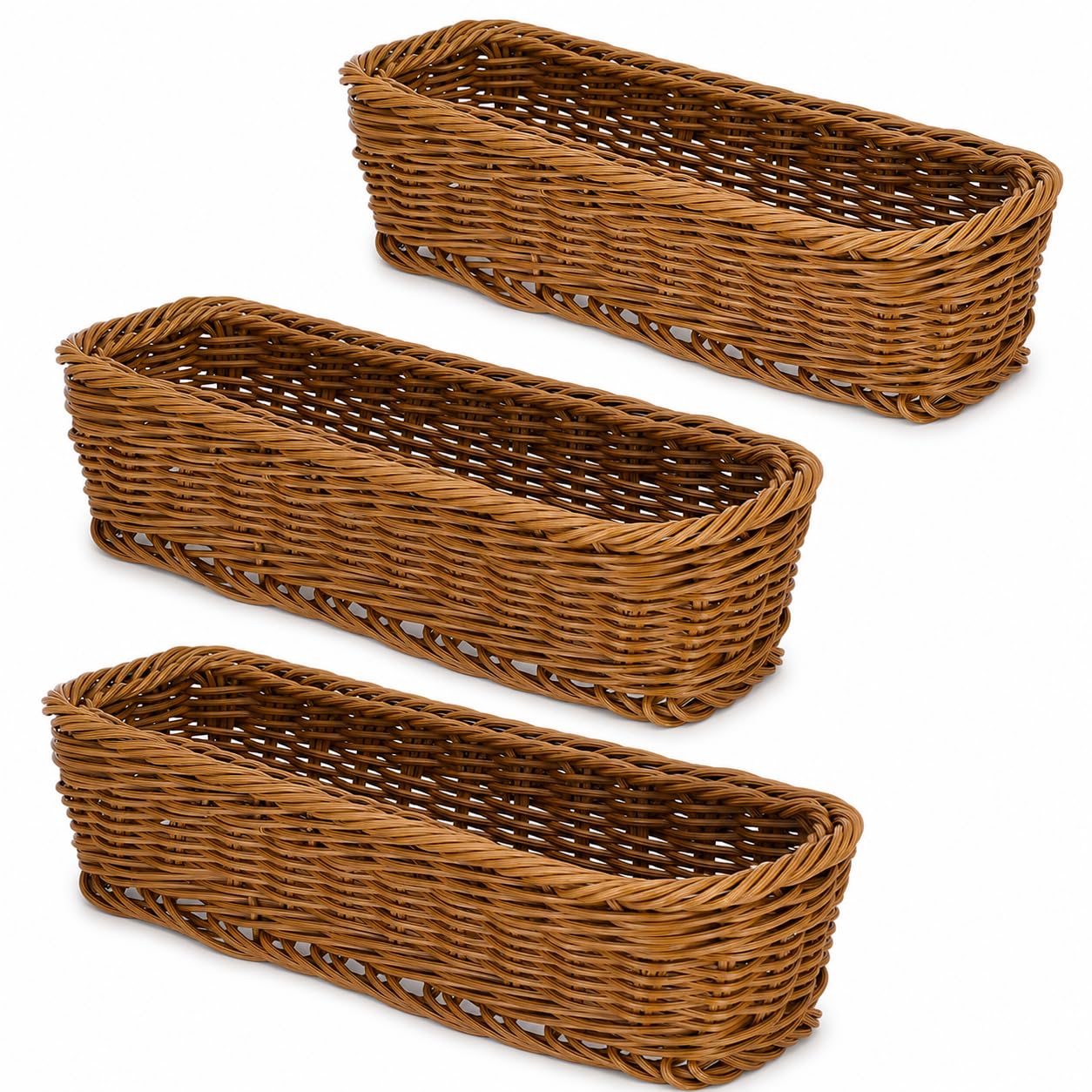 DECHOUS 3 Pack Wicker Plastic Silverware Organizers, Rectangular Trays