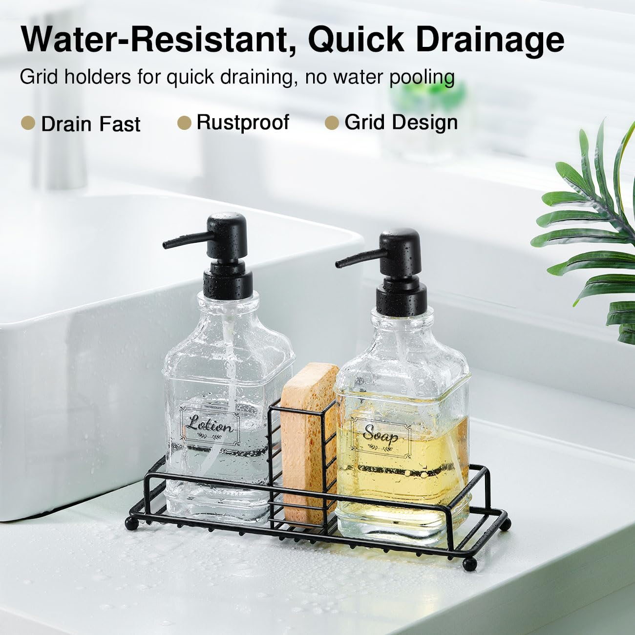 Shinowa Kitchen Soap Dispenser Set, Hand And Dish Soap Dispenser Set With Tray, 2-Pack Thick Glass Soap Dispenser For Kitchen &
