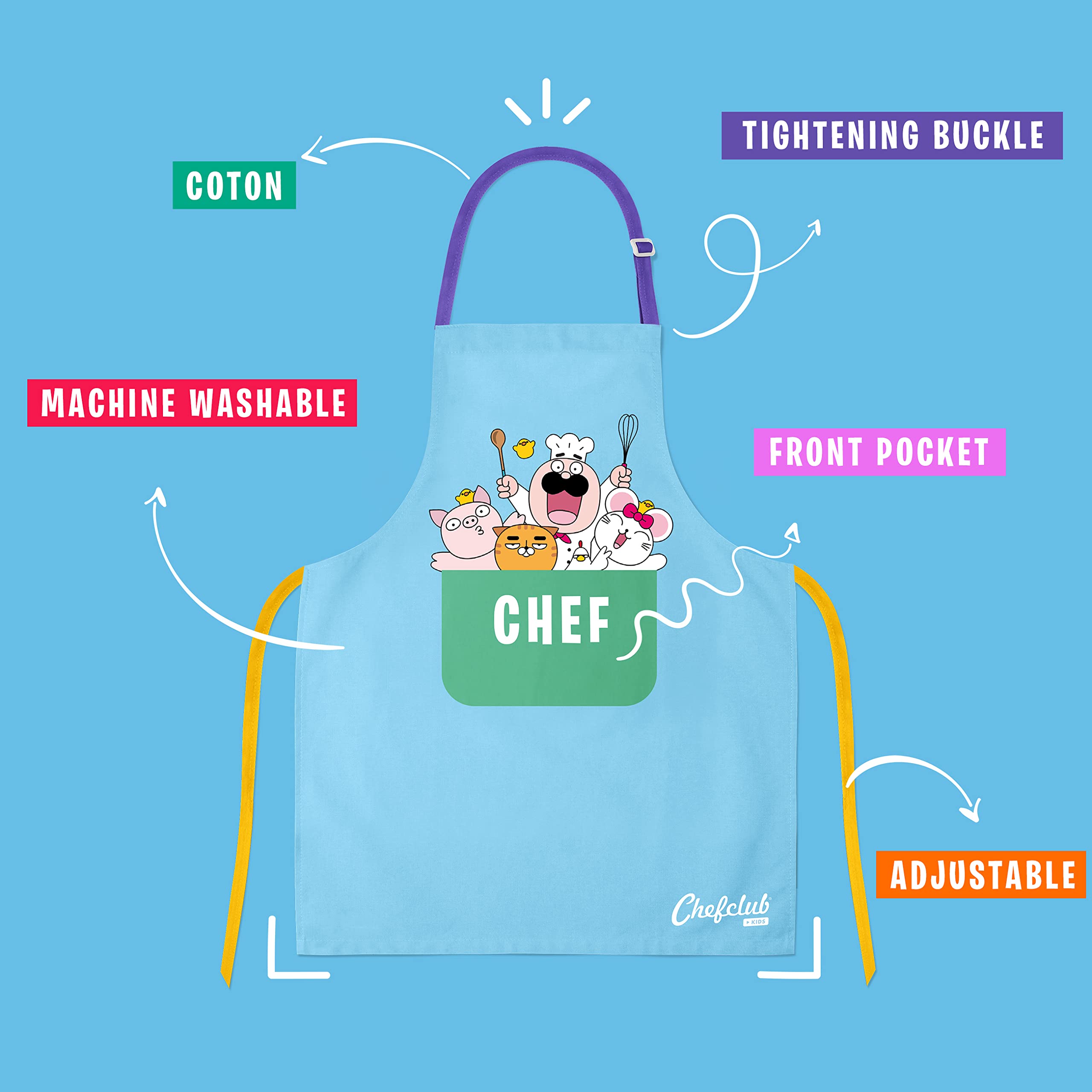 Chefclub Kids Apron - Cooking Baking Apron - One Size - Adjustable - 100% Cotton - Blue