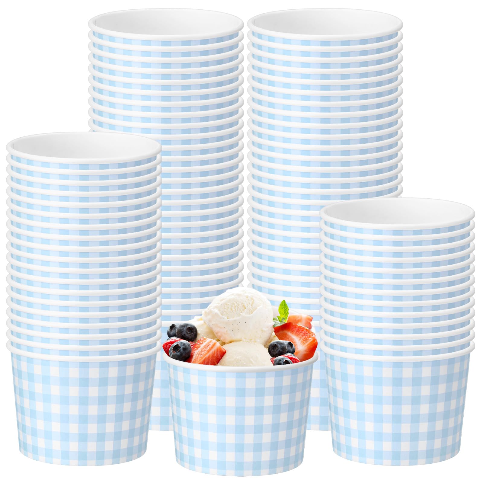 Funnymoom 50 Pack Blue Gingham Ice Cream Cups 9 oz Blue and White Checkered Disposable Dessert Bowls Paper Soup Bowls Plaid Snac