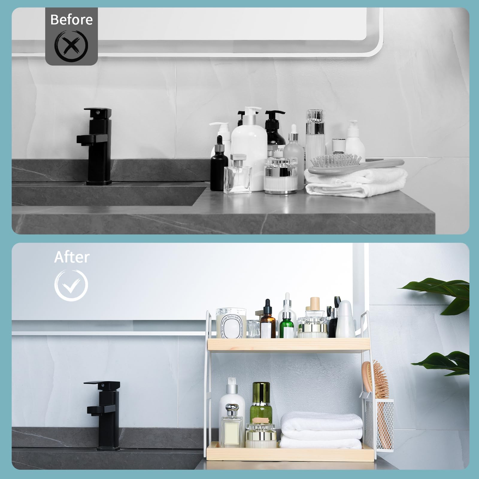 Uneviesyka Bathroom Counter Organizer, 2-Tier Standing Storage Shelf With Basket, Wood Tray For Skincare Vanity Organizer(White)