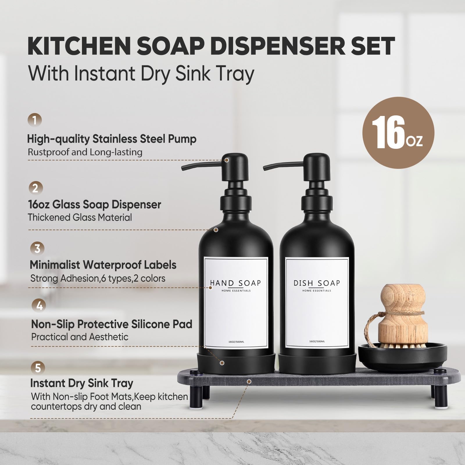 Neeczs Kitchen Soap Dispenser Set With Instant Dry Tray,16 Oz Hand And Dish Soap Black Glass Dispenser Set,Stainless Steel Pump,