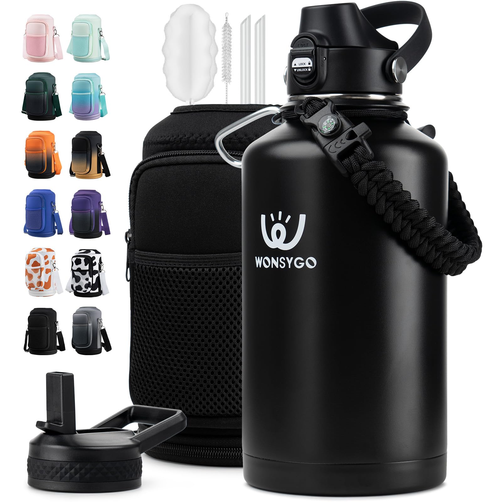 WONSYGO 64oz Insulated Water Bottle Leak Proof with Carrier Bag for Sports
