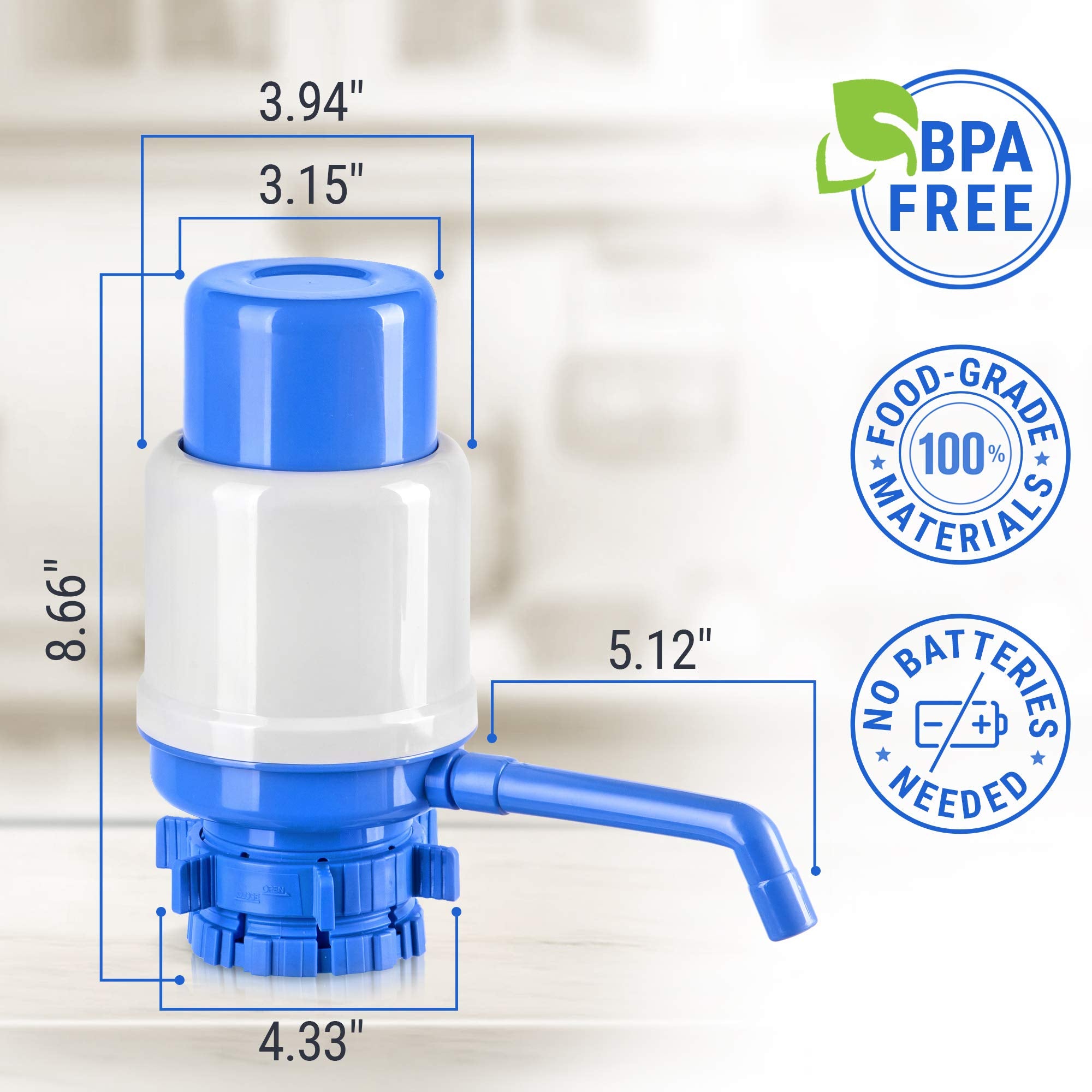 HotFrost Manual Water Pump for 5 Gallon Bottle - Hand Pressure Water Dispenser - Secure Fit on Crown Top Jugs - 3 Tube Lengths  Protective Spout Cap  Cleaning Brush  BPA-Free Food-Grade Materials