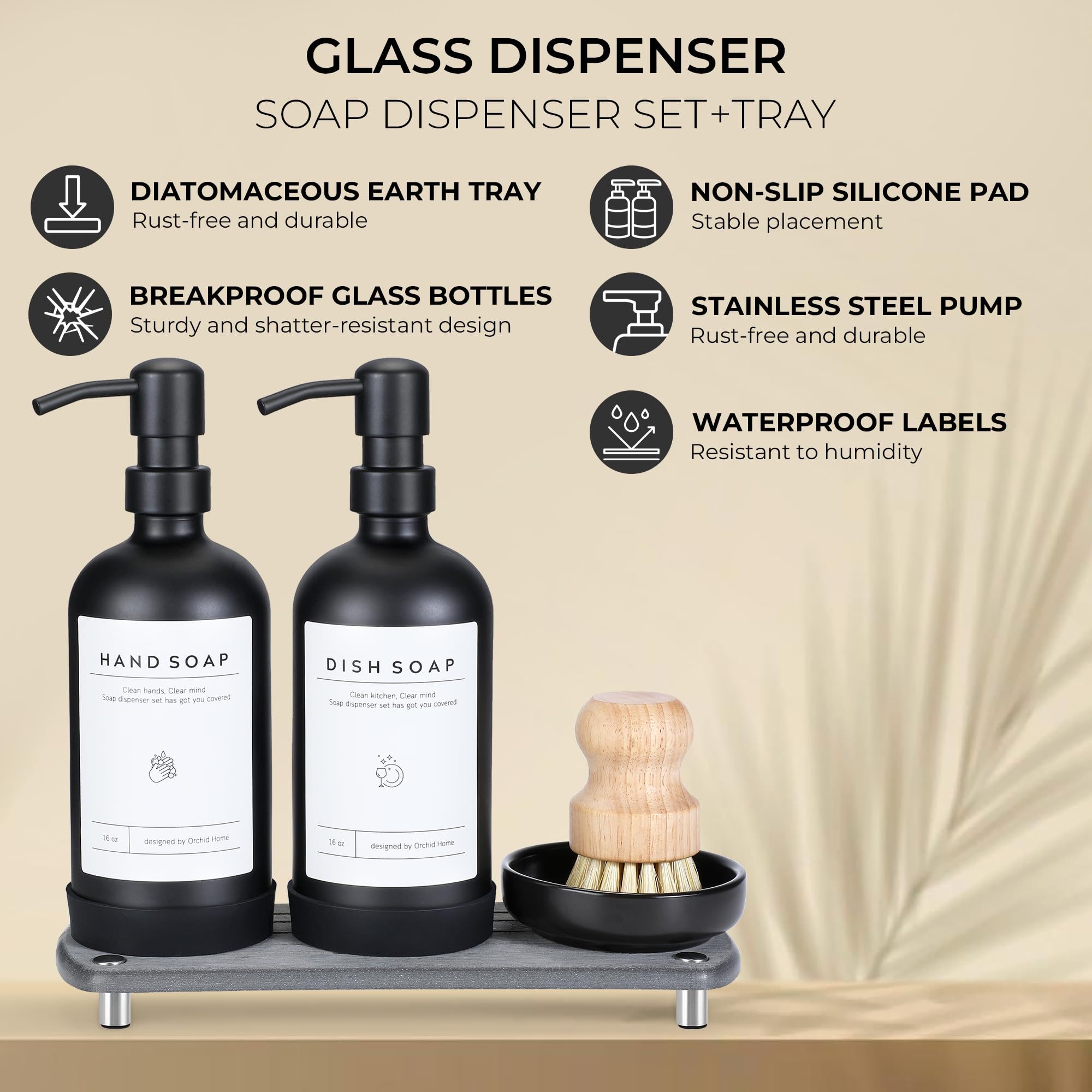 [Luxury] Kitchen Soap Dispenser Set - 16Oz Black Glass Bottle, Stainless Steel Pump, Instant Dry Tray, Waterproof Labels, Non-Sl