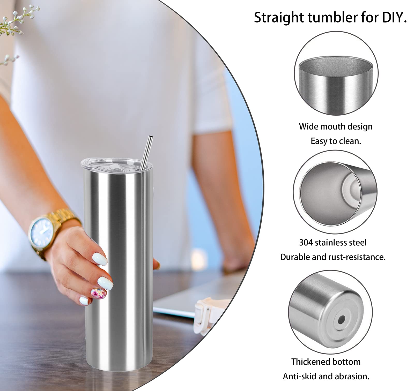 Tswofia 20 Oz Straight Skinny Tumbler Set, Stainless Steel Slim Skinny Travel Tumbler Bulk, Birthday Diy Gift For Women Friends