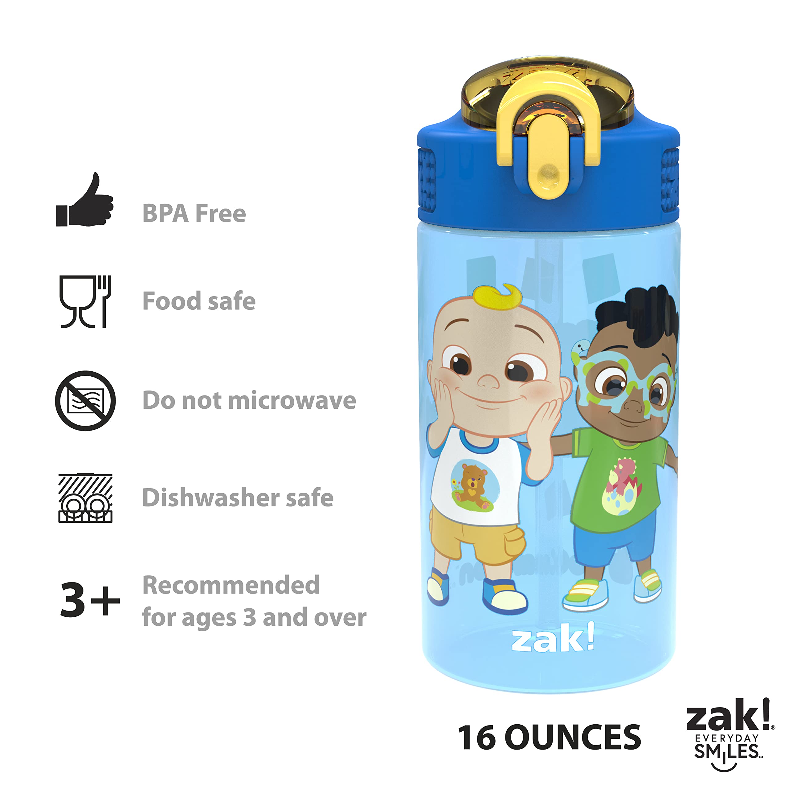 Zak Designs Cocomelon Kids Water Bottle With Spout Cover And Built-In Carrying Loop, Made Of Durable Plastic, Leak-Proof Water B