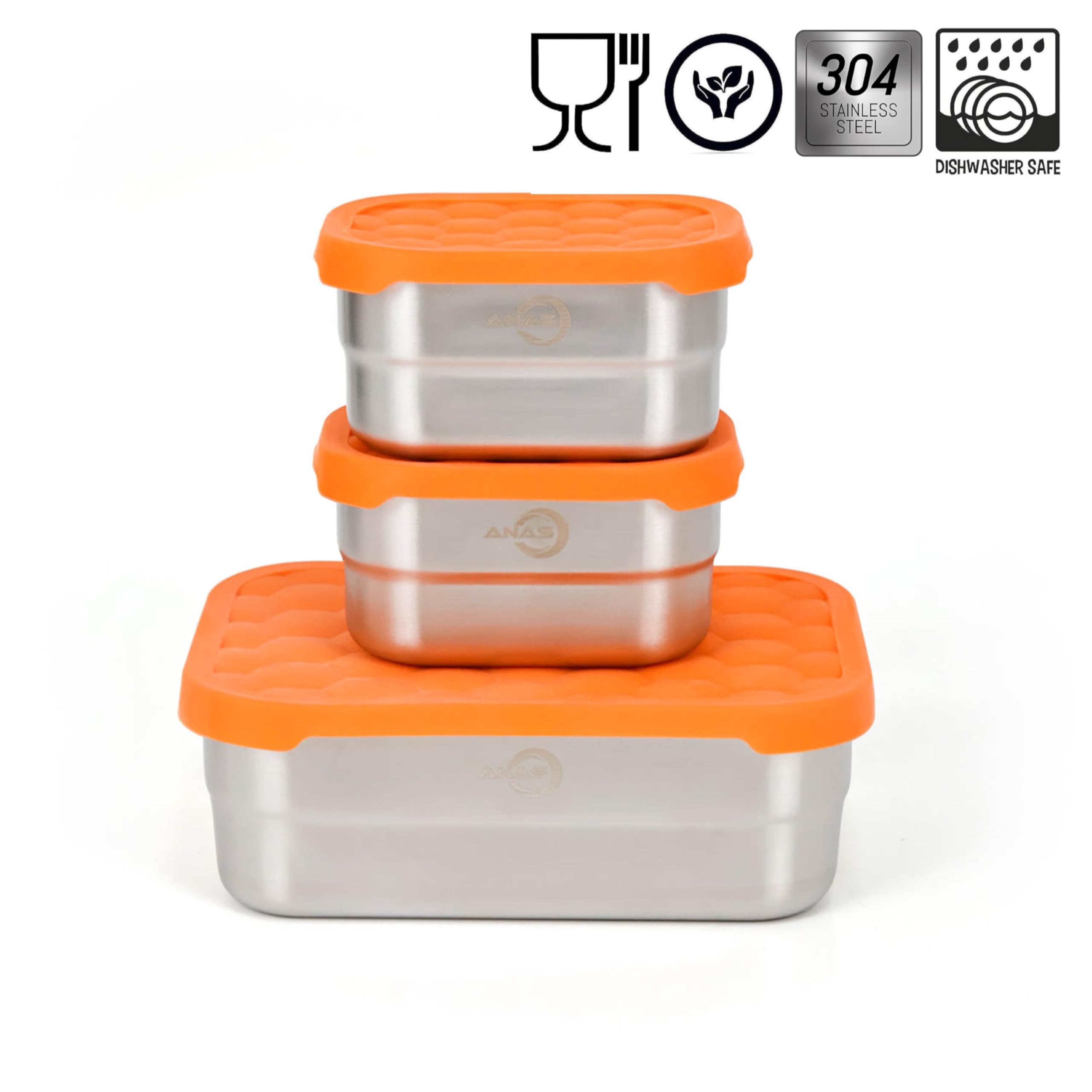 Anas 3-Pack Rectangle Stainless Steel Food Containers With Silicone Lids - Stackable, Leak Proof, Dishwasher Safe, Compact, Idea