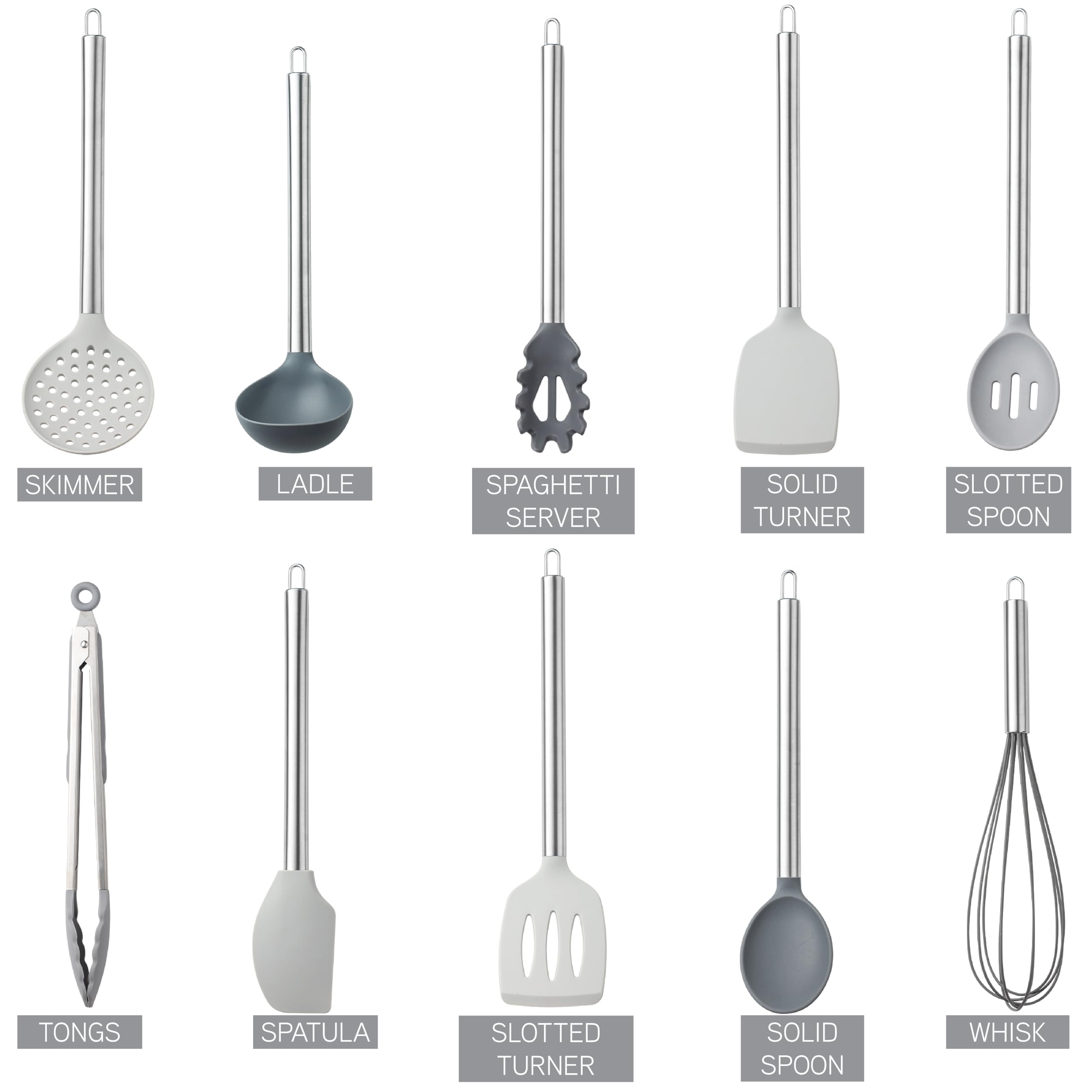 COOK WITH COLOR Silicone Cooking Utensil Set, 10 Pieces, Easy to Clean, Grey Ombre, Model YBSLS10 GRY