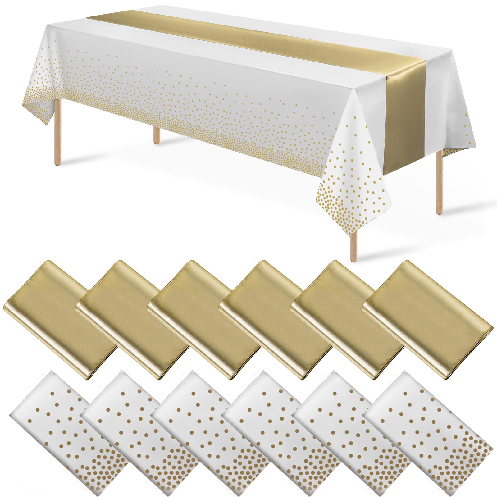 12Pack Disposable Plastic Tablecloths and Satin Table Runner Set White and Gold Dot Tablecloth Gold Satin Table Runner for Weddi