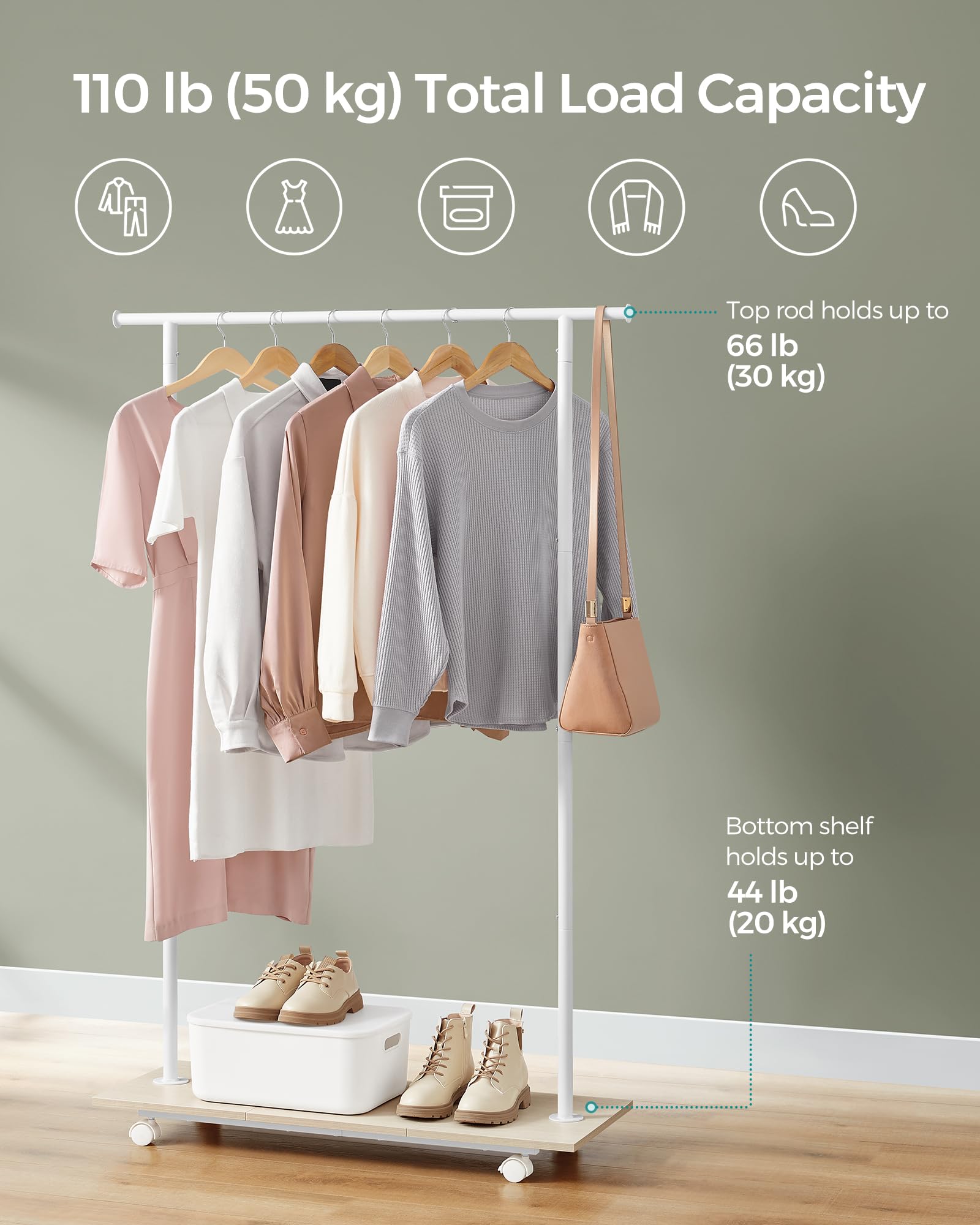 Songmics Clothes Rack With Wheels, Clothing Rack For Hanging Clothes, 38.8 Inches Metal Garment Rack With Shelf, Loads Up To 110