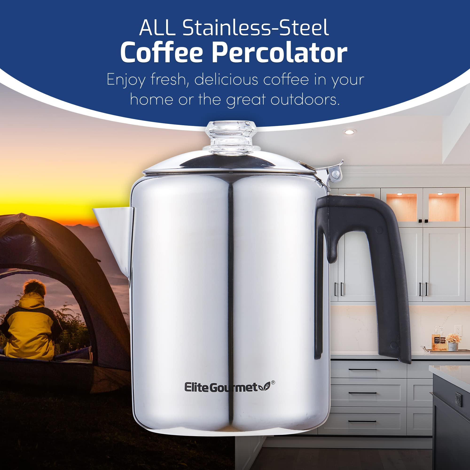 Elite Gourmet Ec008 Classic Stovetop Coffee Percolator, Glass Clear Brew Progress Knob, Cool-Touch Handle, Cordless Serve, 8-Cup