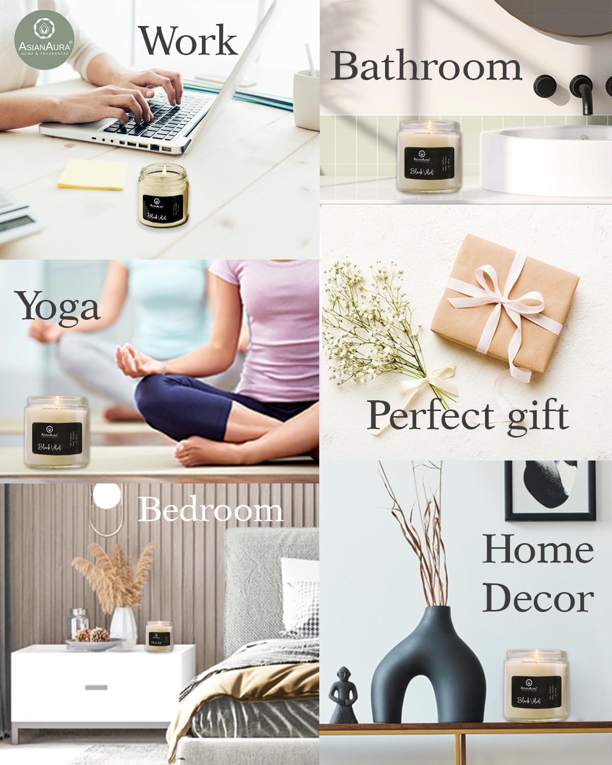 Asian Aura Scented Glass Jar Candle - 450g (Gross Wt.) - Black Velvet |36 Hours Burn Time |Smoke-Free Aroma Candle for Home Frag