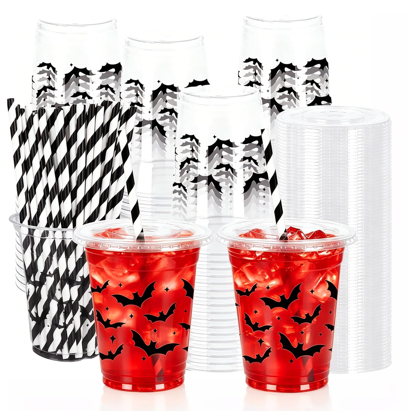 Whaline 50Pcs 12Oz Halloween Plastic Cups with Lids & Straws Black Bat Disposable Clear Drinking Cups for Home Party Supplies
