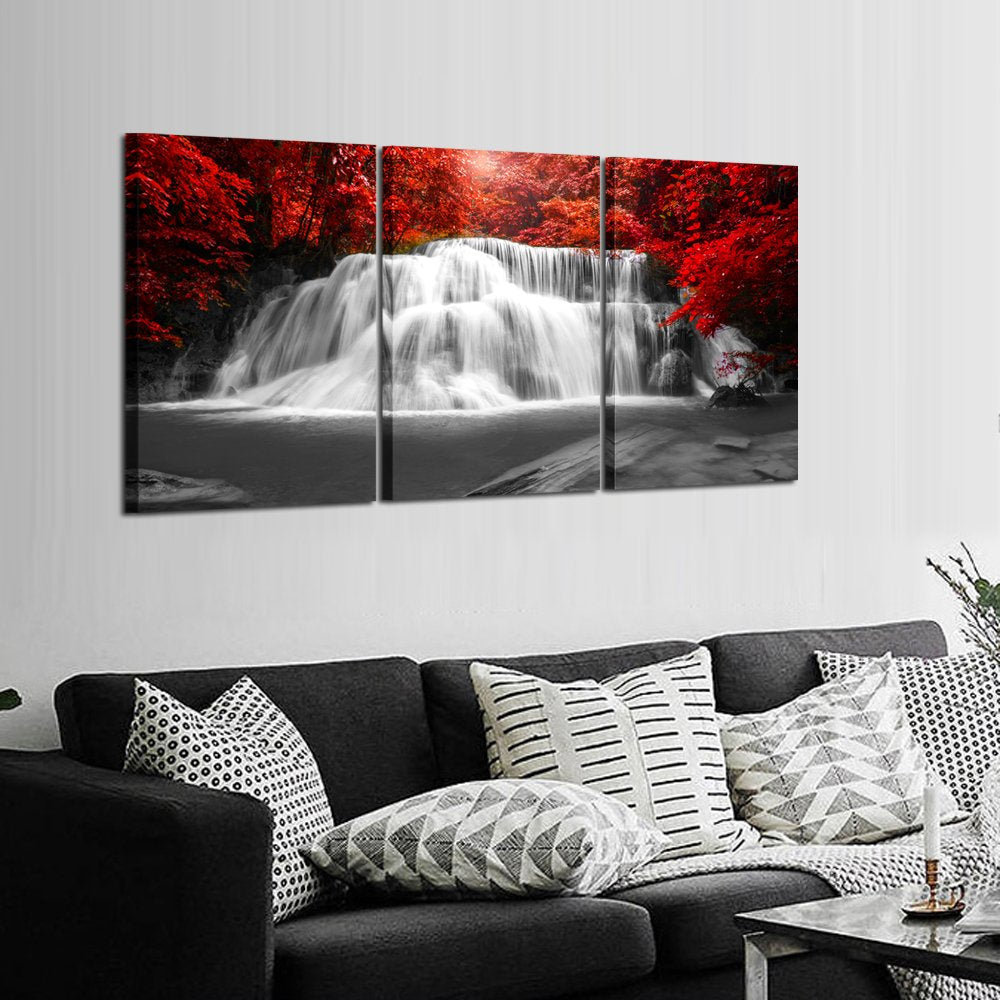 KREATIVE ARTS Black White and Red Canvas Wall Art 3 Pieces Red Woods Waterfall Canvas Print Landscape Paintings Framed Picture for Office and Home D?cor Ready to Hang 16x24inchx3pcs