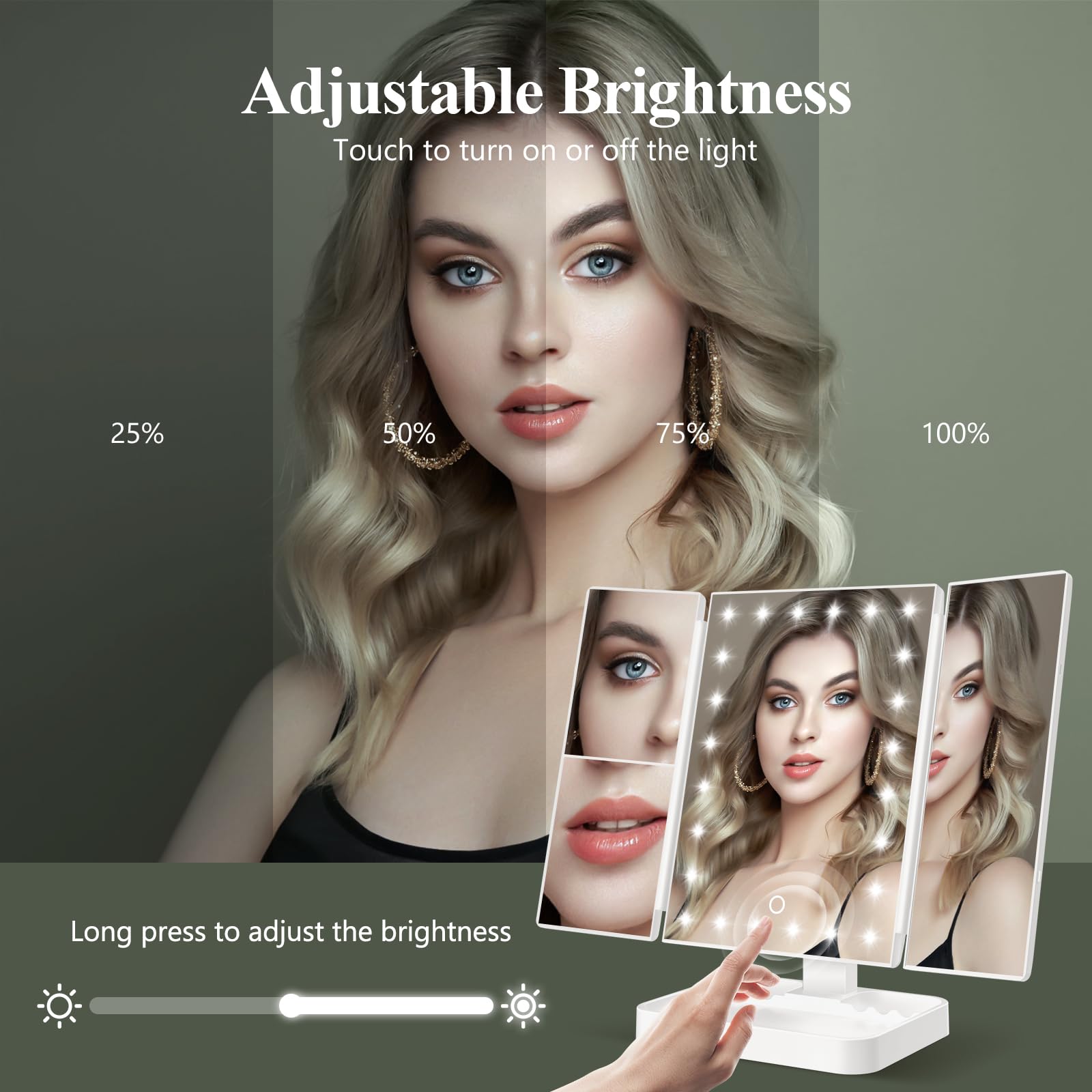 Huonul Rechargeable Makeup Mirror With 3 Color Lights, 2000Mah Lighted Makeup Mirror, Magnetic 10X Magnifying Mirror, 360 Degree