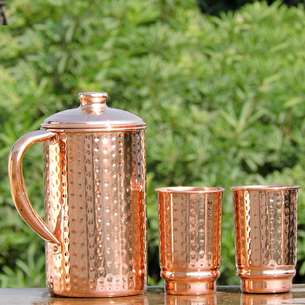 HealthGoodsIn Copper Hammered Water Jug & 2 Tumblers | Ayurveda Health Benefits, Model 43237-2