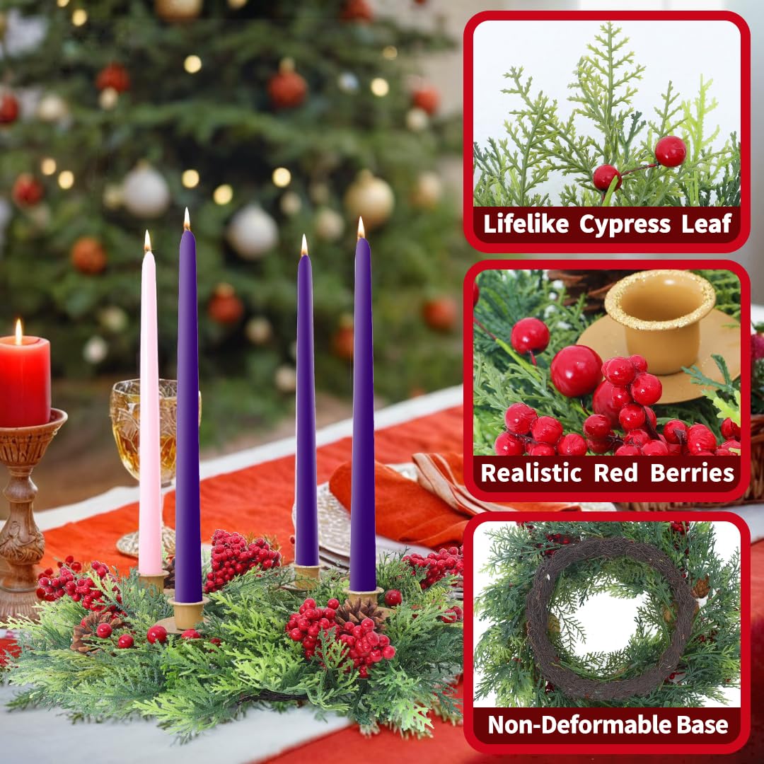 Seasons Christmas Candle Holder Wreath, 18 inch Advent Centerpiece Decor, Candle Wreath Decorations for Table Indoor Home & Chur