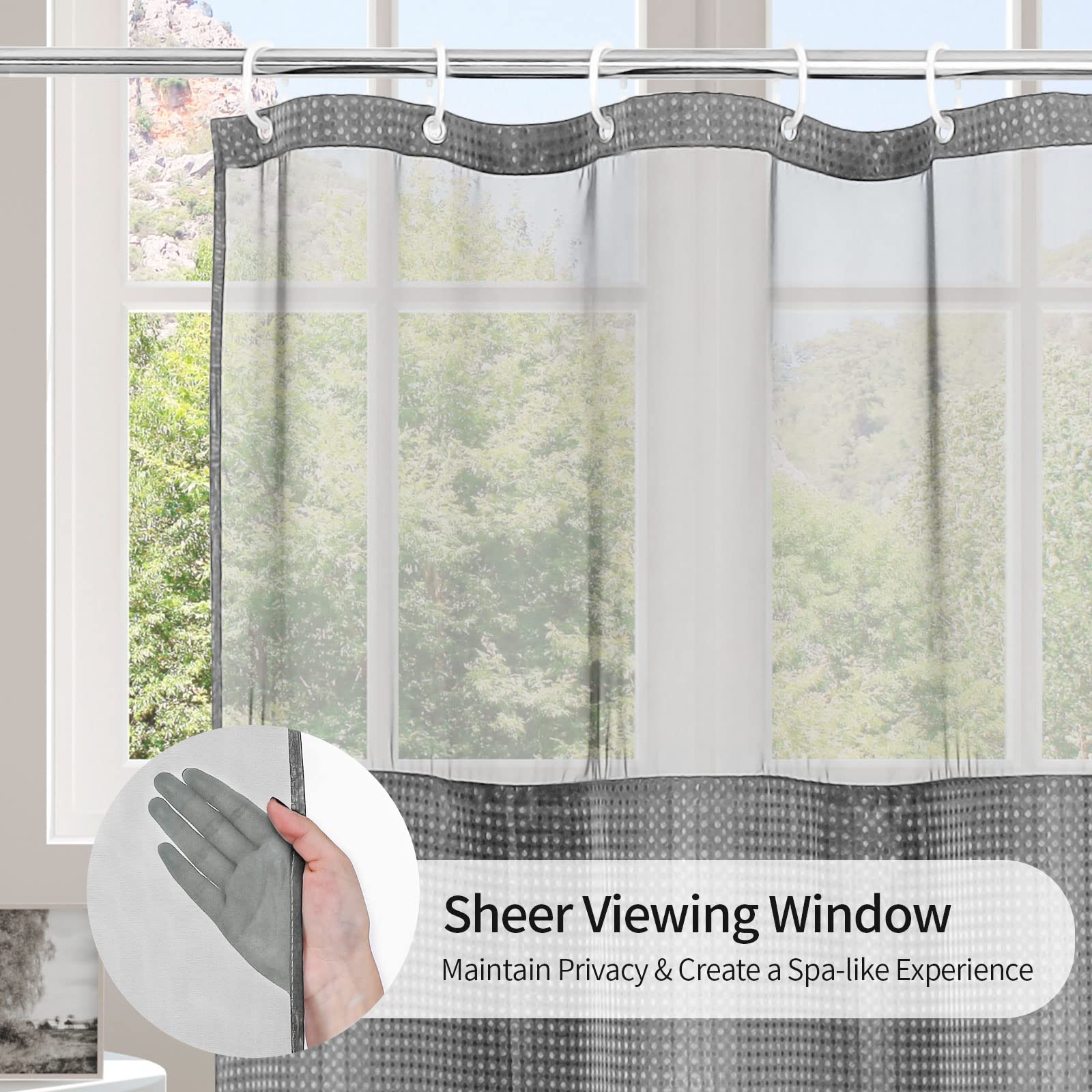 MitoVilla Grey Long Shower Curtain 72 x 78  Modern Waffle Fabric 78 inches Long Shower Curtain Set with Snap-in Line  Luxury Cloth Shower Curtain with Mesh Top Window for Hotel Spa Bathroom Decor
