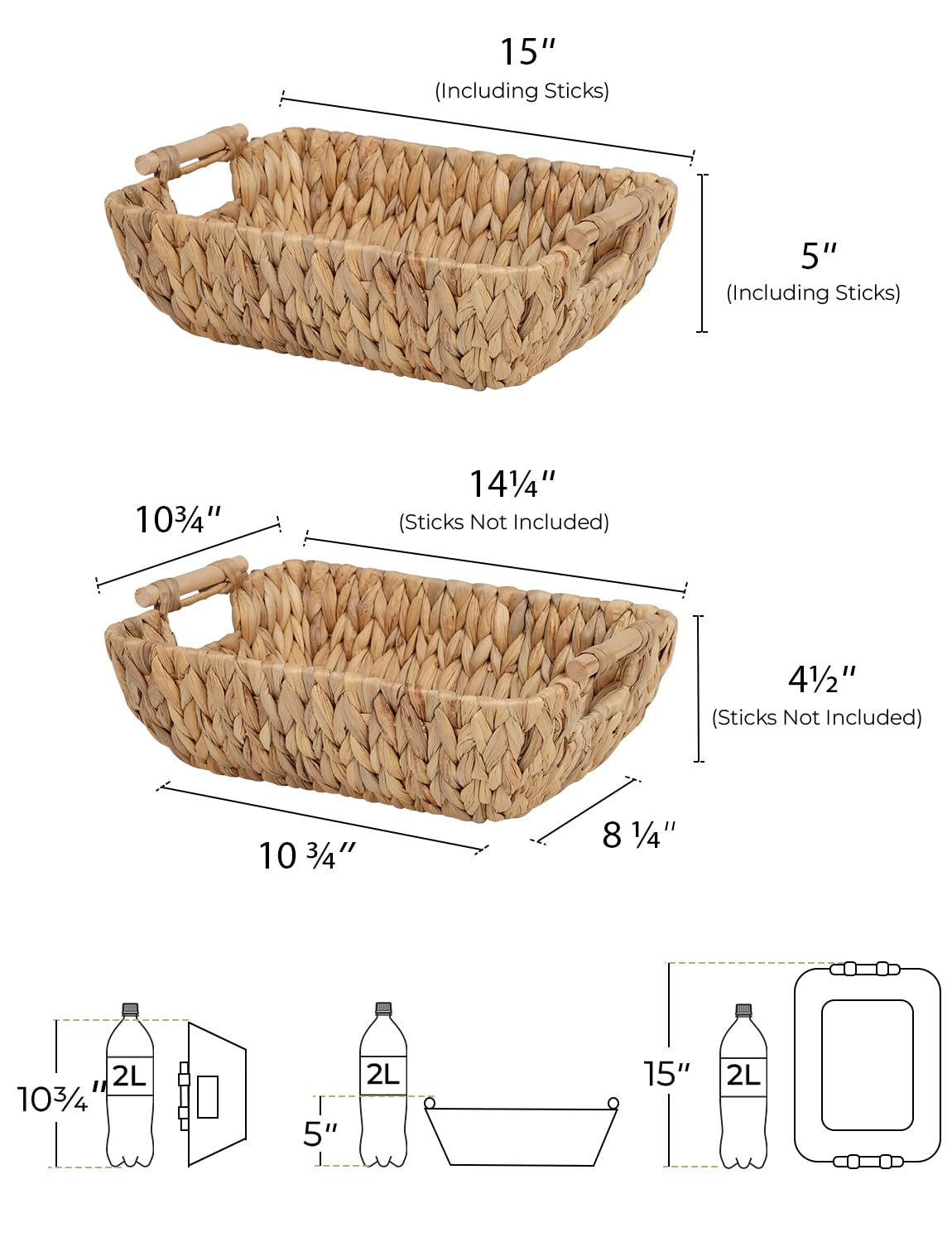 StorageWorks Hand-Woven Large Storage Baskets with Wooden Handles  Water Hyacinth Wicker Baskets for Organizing  2-Pack