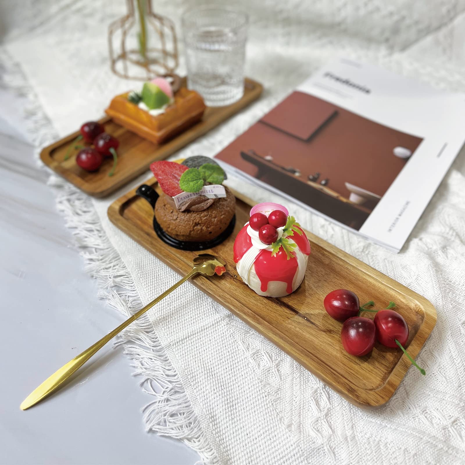 2 Pack Small Wooden Platters Rectangle Serving Trays Acacia Serving Platter Home Decor Serving Cheese Board For Bar Coffee Party