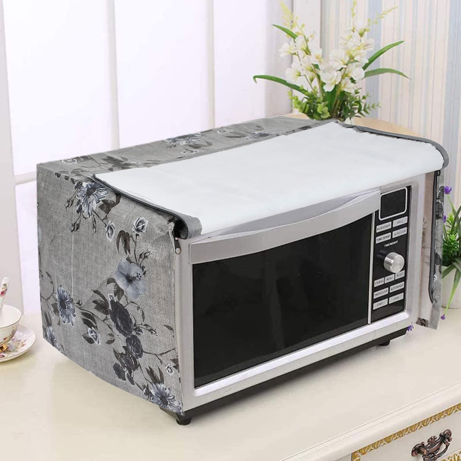 Kuber Industries Pvc Flower Printed Microwave Oven Cover,23 Ltr. (Grey)-50Km01260