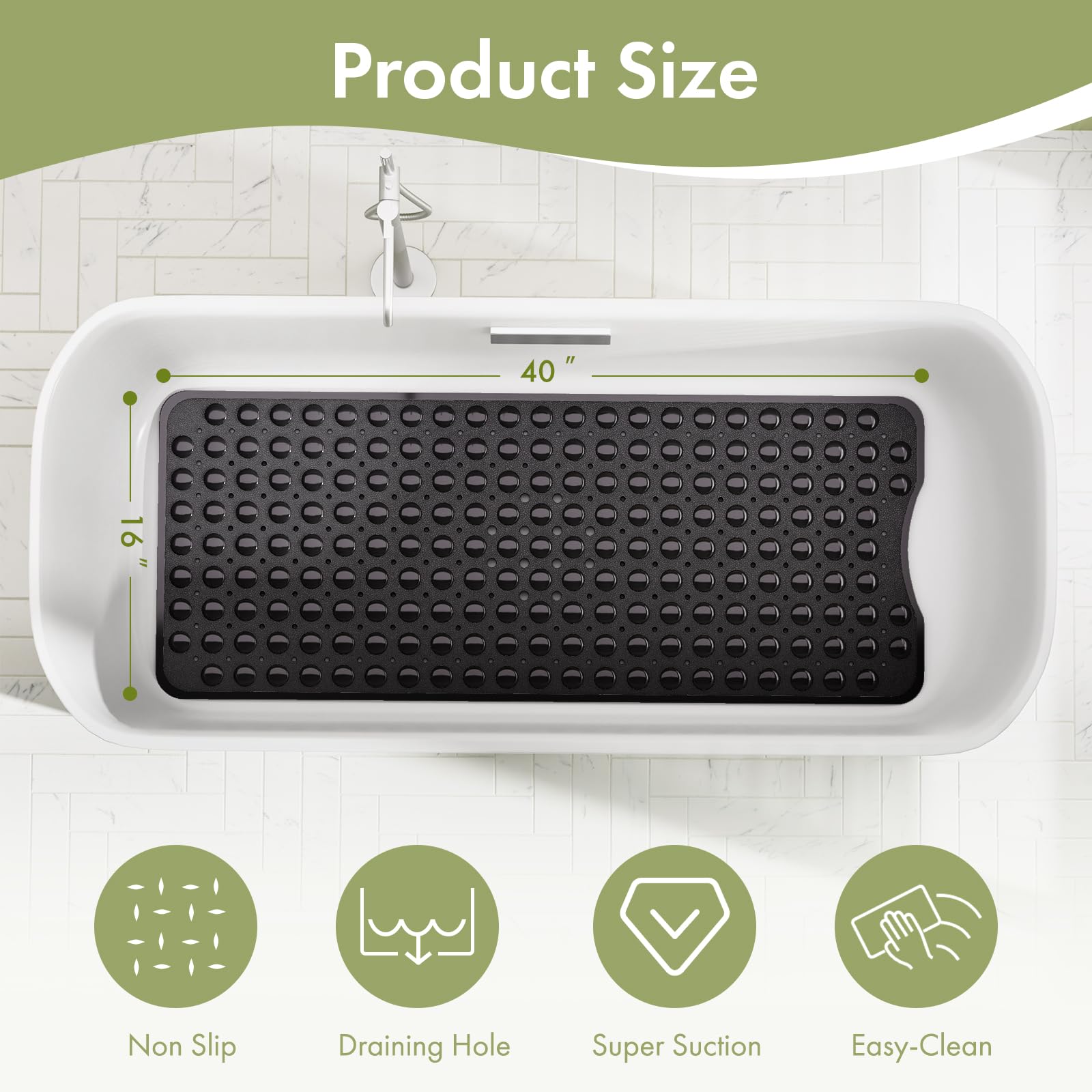 AmazerBath Black Bath Mat for Tub Non Slip Bathtub Mat  40 x 16 Inches  Bath Tub Mats Non Slip Shower Mat with Suction Cups and Drain Holes  Non Slip Bath Mat for Shower Machine Washable