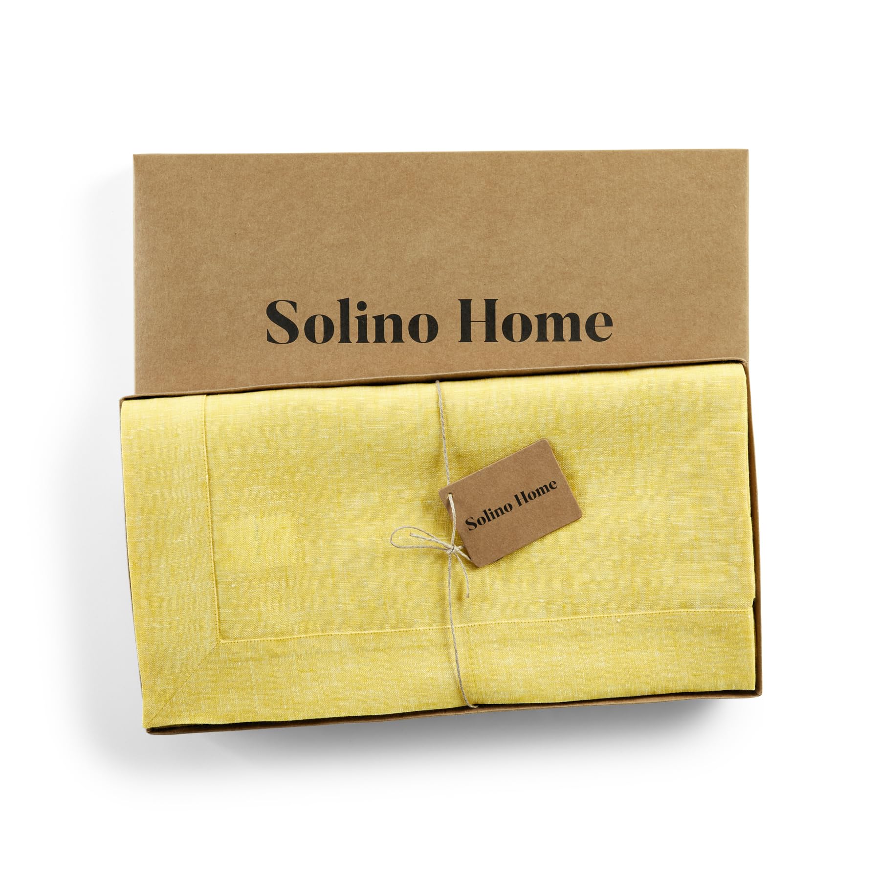 Solino Home Linen Tablecloth 90'' L X 60'' W Inch - 100% Pure Linen Chambray Lemon Yellow Table Cloth For Rectangle Tables - Ath