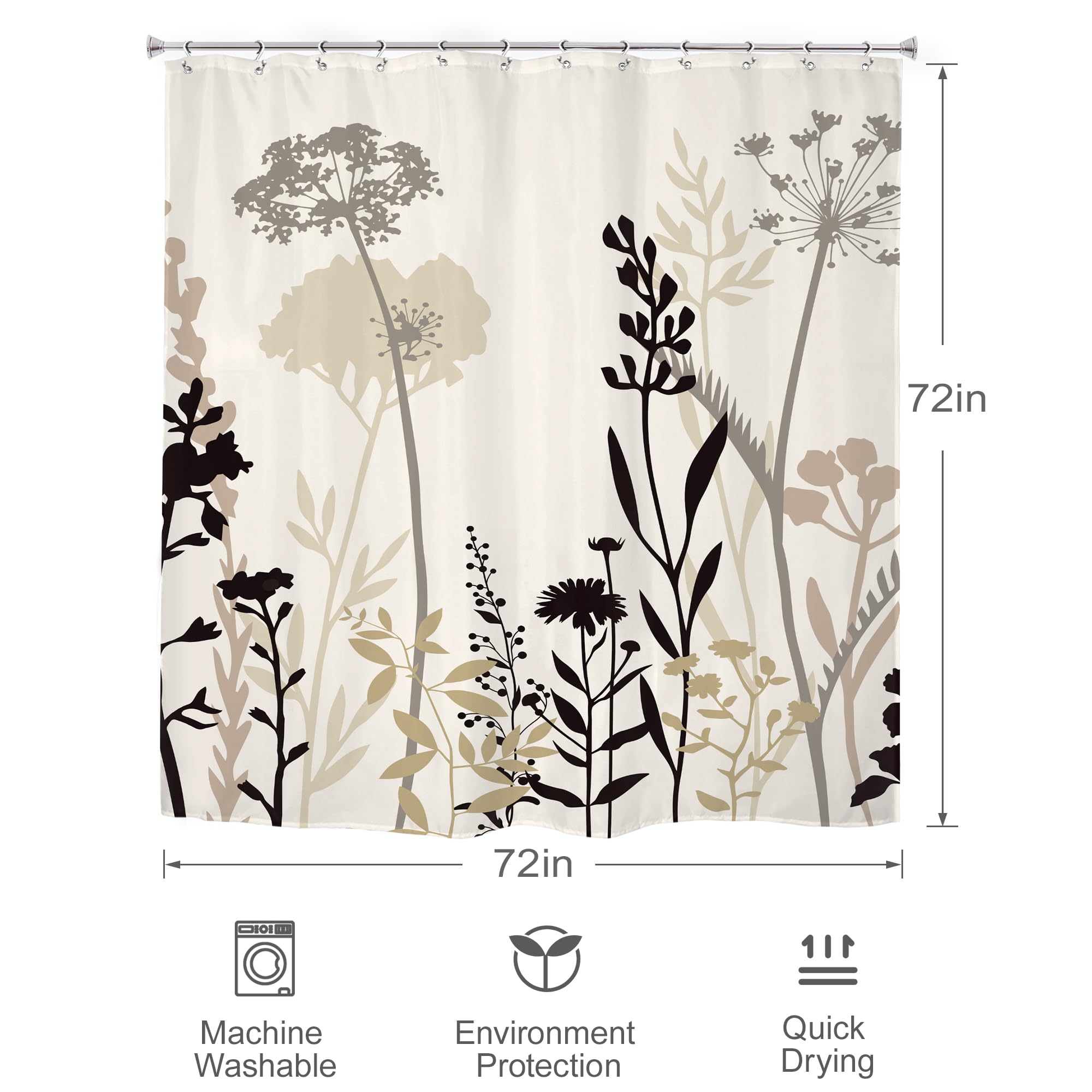 Omifly Beige Cream Floral Shower Curtain 72Wx72H Inch Taupe Brown Silhouette Wildflower Rustic Boho Plant Botanical Vintage Abst