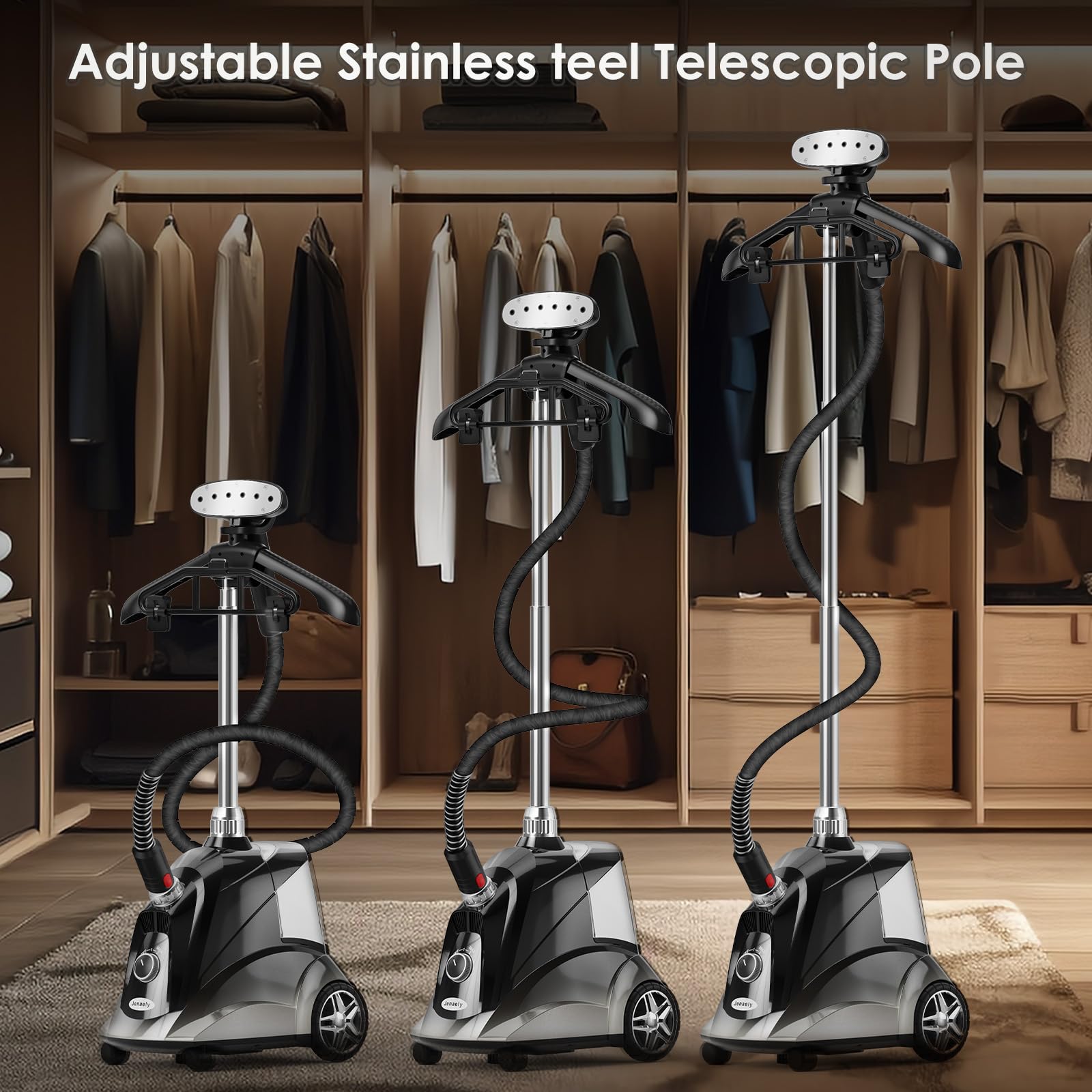 Jenaely 1500W Standing Garment Steamer, 2.8L Tank, Fast Heat-up, Black & Silver, Model JNLY-04
