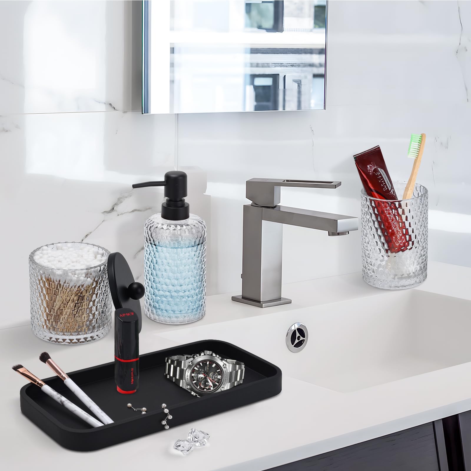 Bathroom Accessory Set,4 Pcs Clear Glass Bathroom Accessories Set-Lotion Soap Dispenser,Toothbrush Holder,Qtip Holder Dispenser