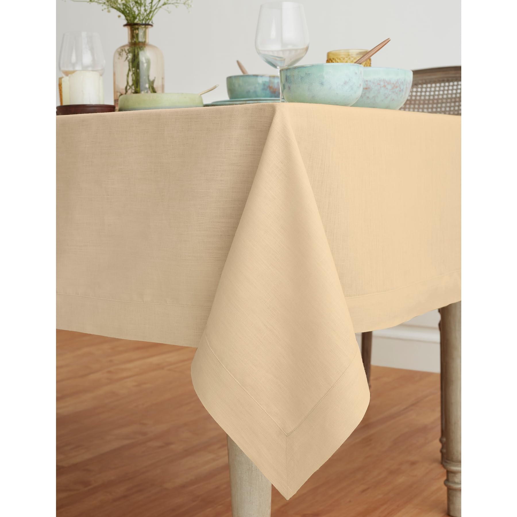 Solino Home Linen Tablecloth - 100% Pure Linen Beige Tablecloth 90 '' L X 60 '' W Inch - Machine Washable Rectangle Tablecloth F