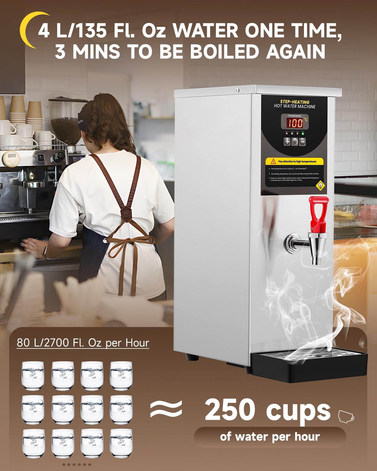 Moonshan 17-Min Step-Heating Hot Water Dispenser, 8.5 Quart, Silver, Model TT-63-8L for Boba Tea, Milk Tea, Restaurant, Hotel, Office