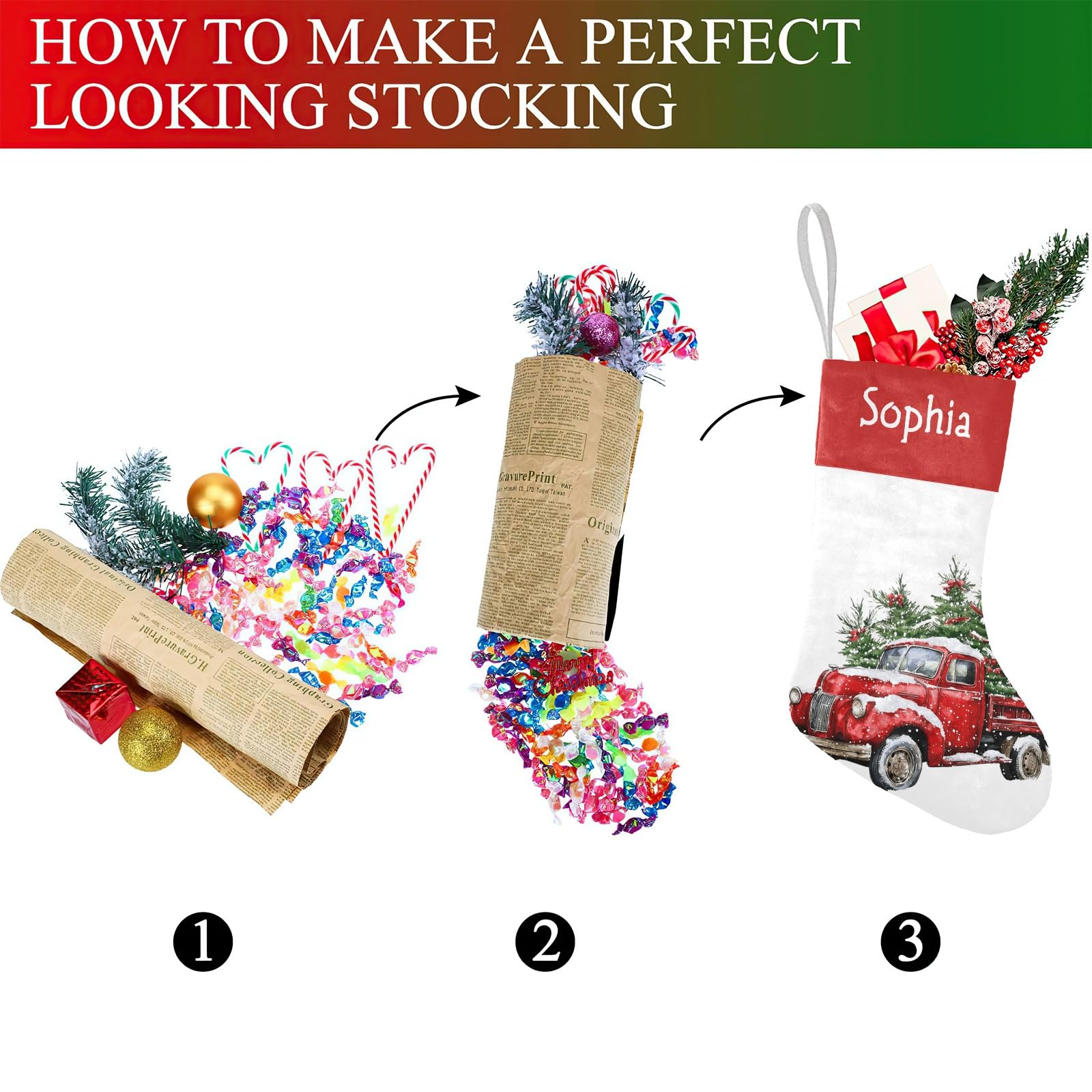 Red Truck with Christmas Christmas Stocking with Name Custom Xmas Stockings for Family Wedding Party Decor 17.52 x 7.87 Inch