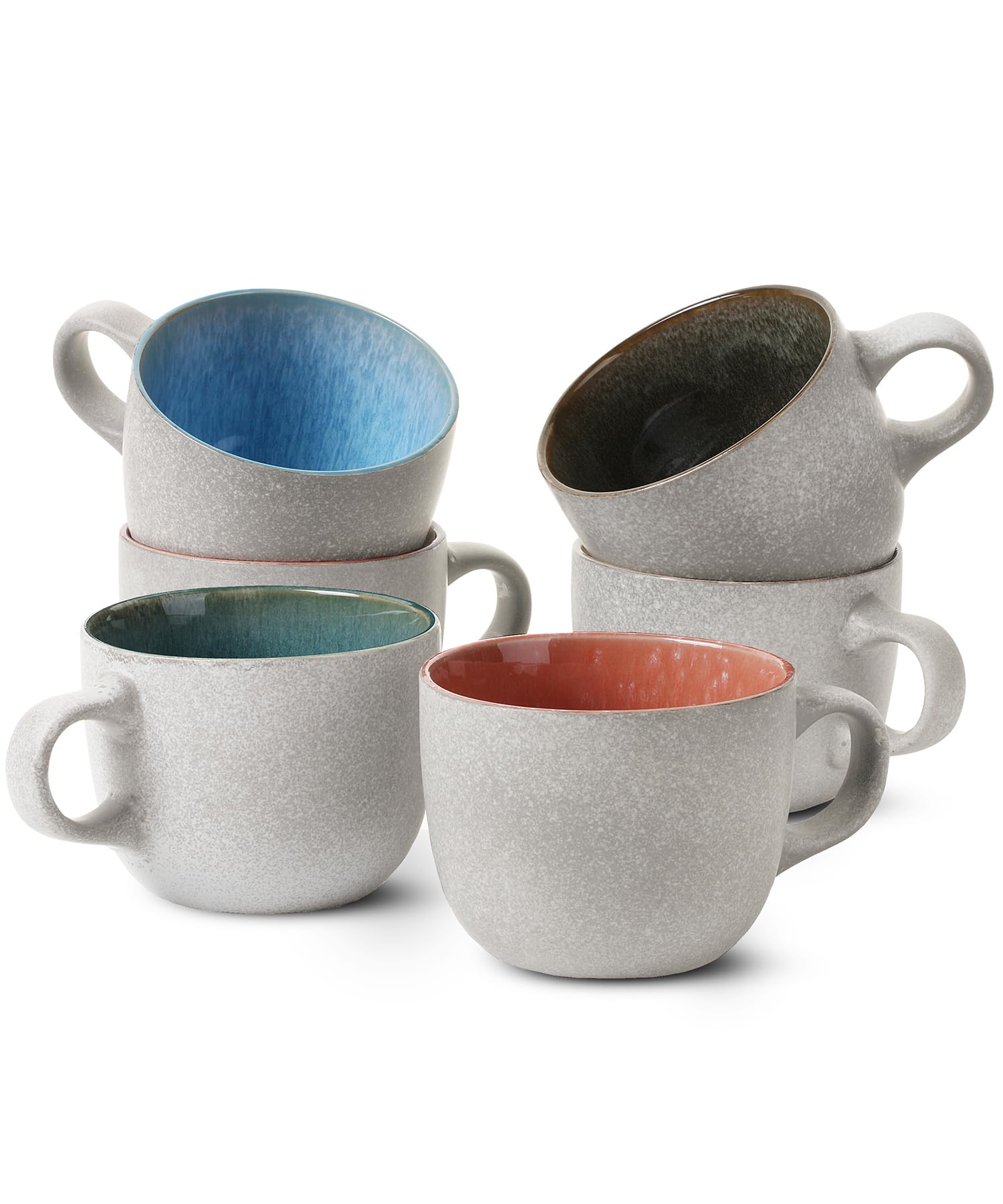 BTaT Porcelain Coffee Mugs Set, 14 oz (415 ml), 6 Pack, Ceramic Coffee Mugs, Matte White Outside and Colorful Inside, Restauran