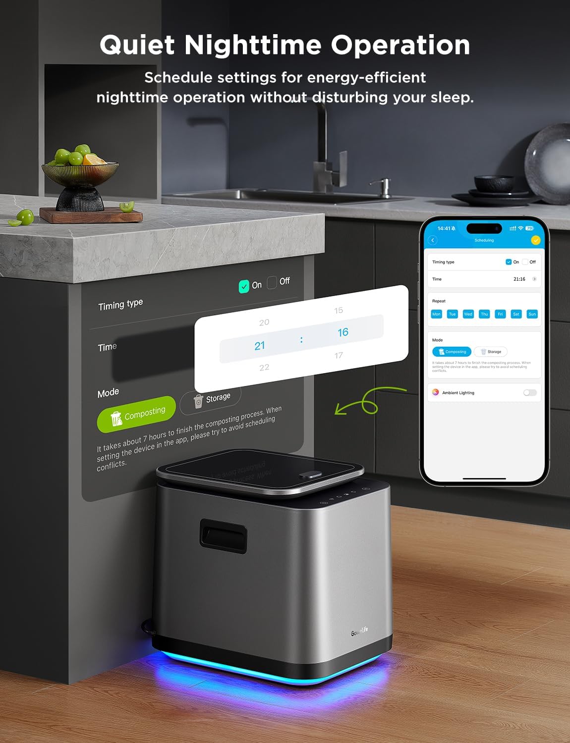 GoveeLife Smart Electric Composter, 3L Indoor Bin, Stainless Steel, Black, Model H7184, App & Voice Control, Auto-Cleaning