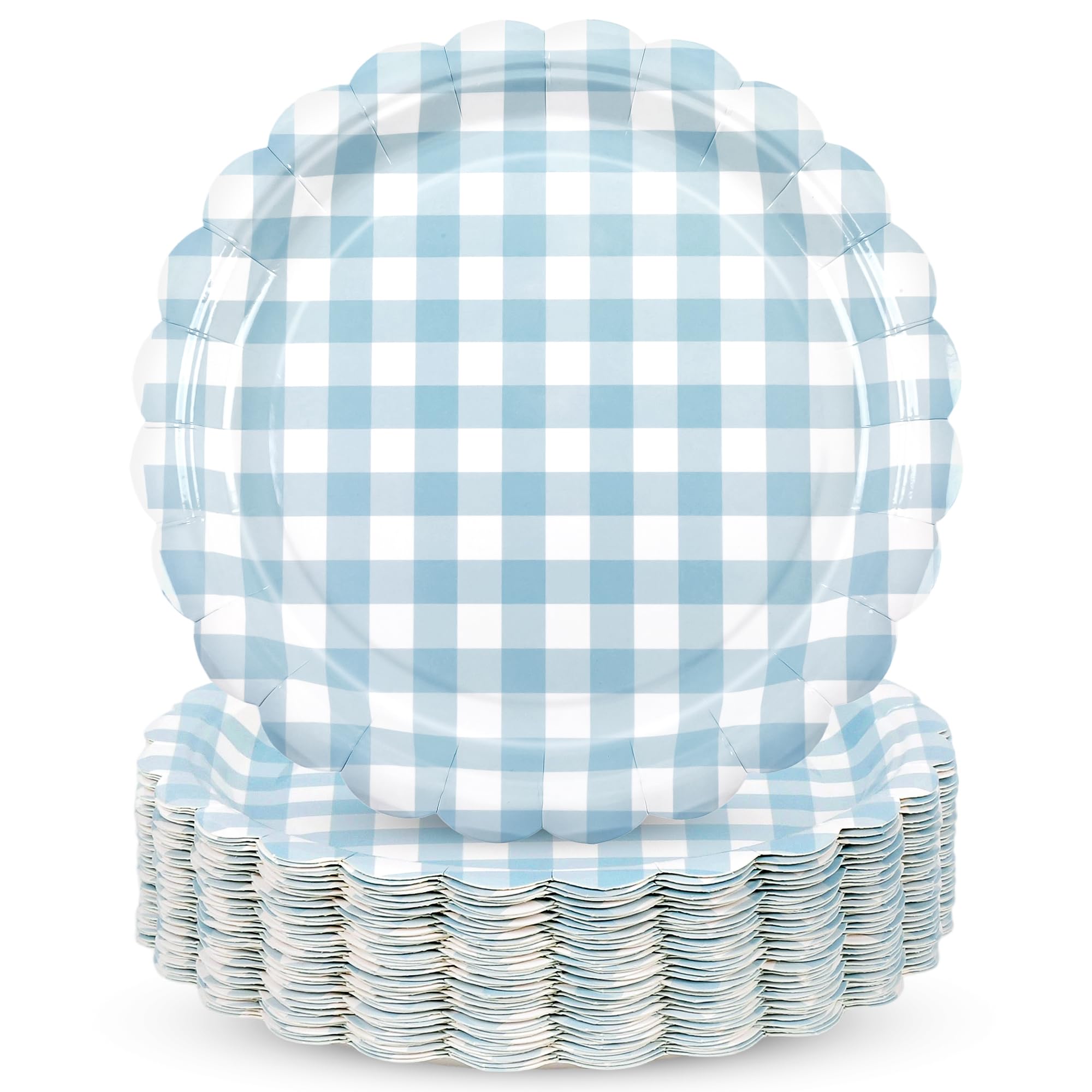 48 Pcs Light Blue Scalloped Paper Plates - 7Inch Gingham Paper Plates Blue and White Checkered Party Plate Disposable Plaid Deco