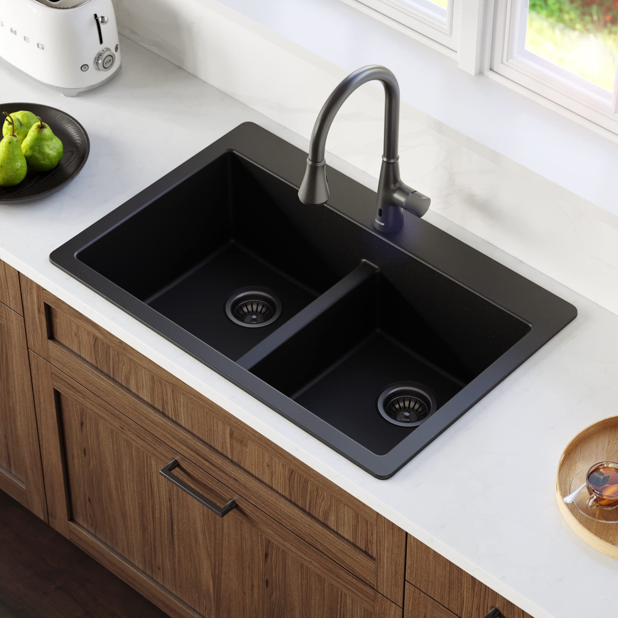 Karran Qt-810 33'' Top Mount Double Equal Bowl Quartz Kitchen Sink In Black
