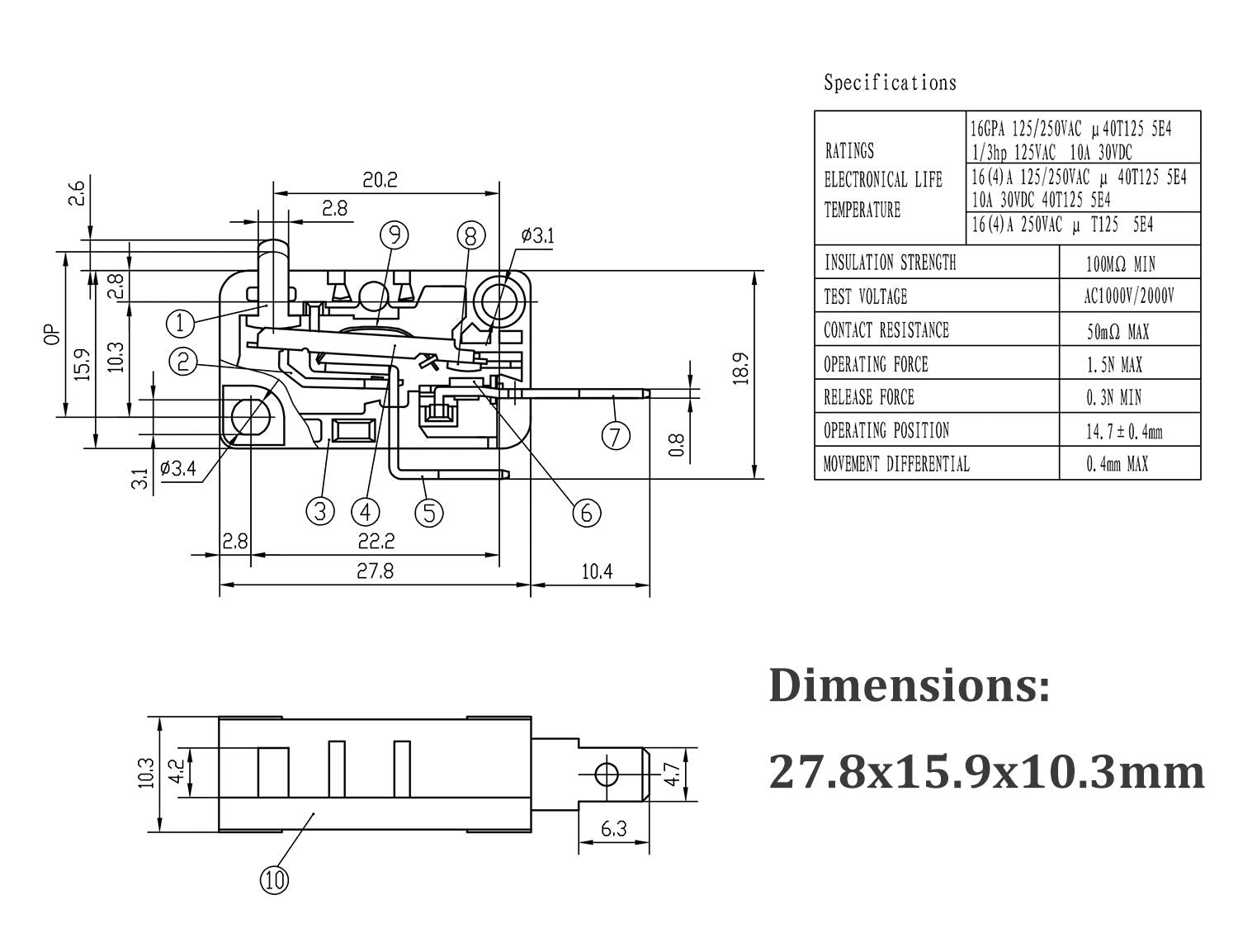 Microwave Oven Door Switch Replacement Part, 16A 125Vac, Kw3At-16 (Downward Compatible With Kw3A-16), Normally Open - 1Pc