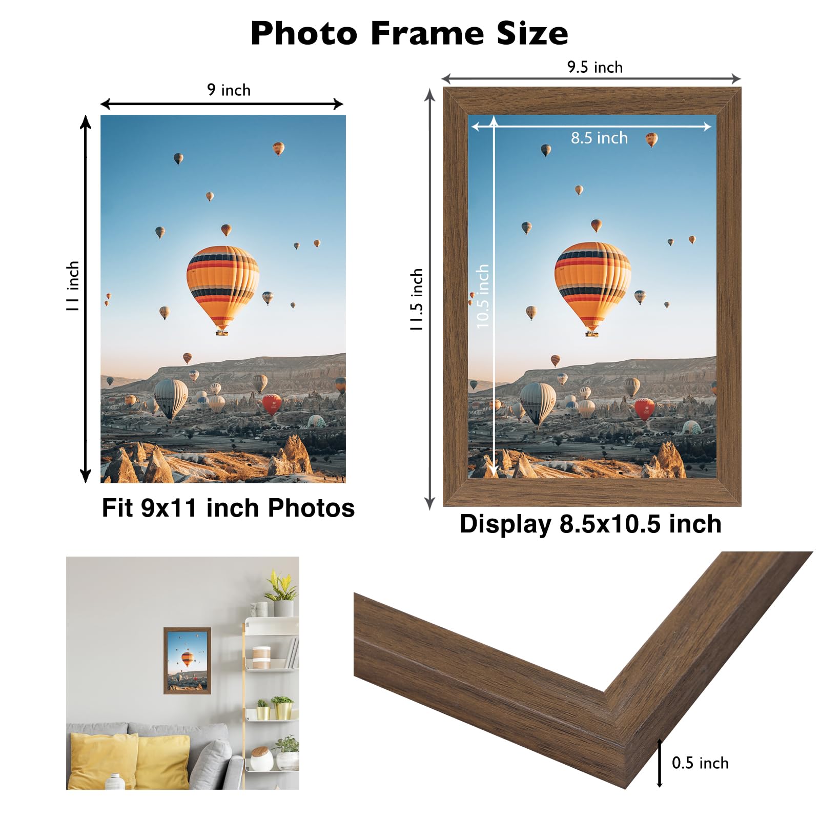 JCJMY 9x11 Picture Frame Brown for Wall Hanging or Tabletop, Wall Mounting Horizontally or Vertically, 9 x 11 Wall Gallery Poste