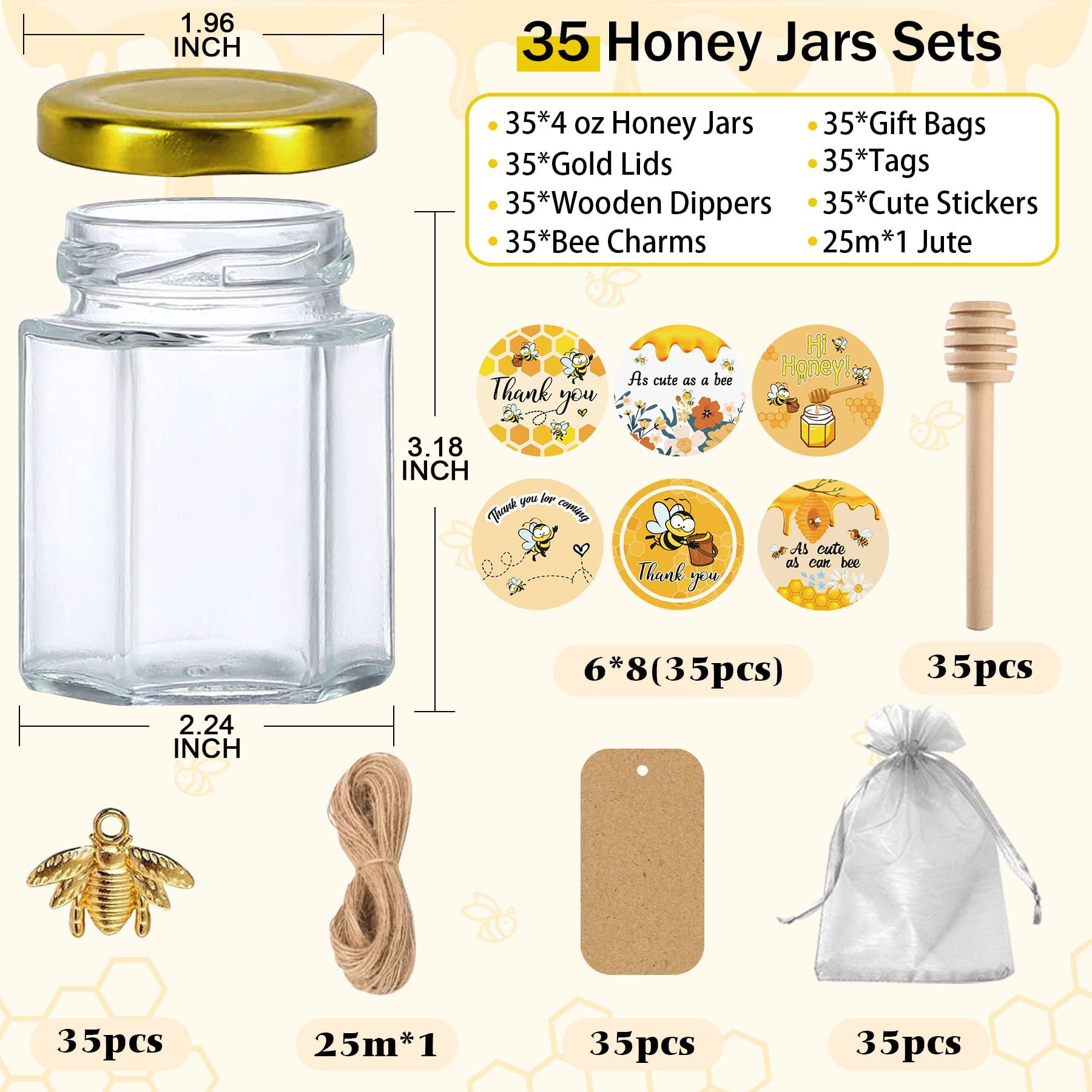 Aliggbent 35 Pack Small Honey Jars for Party Favors in Bulk, 4 oz Mini Hexagon Glass Honey Jars with Dippers, Lids, Cute Sticker