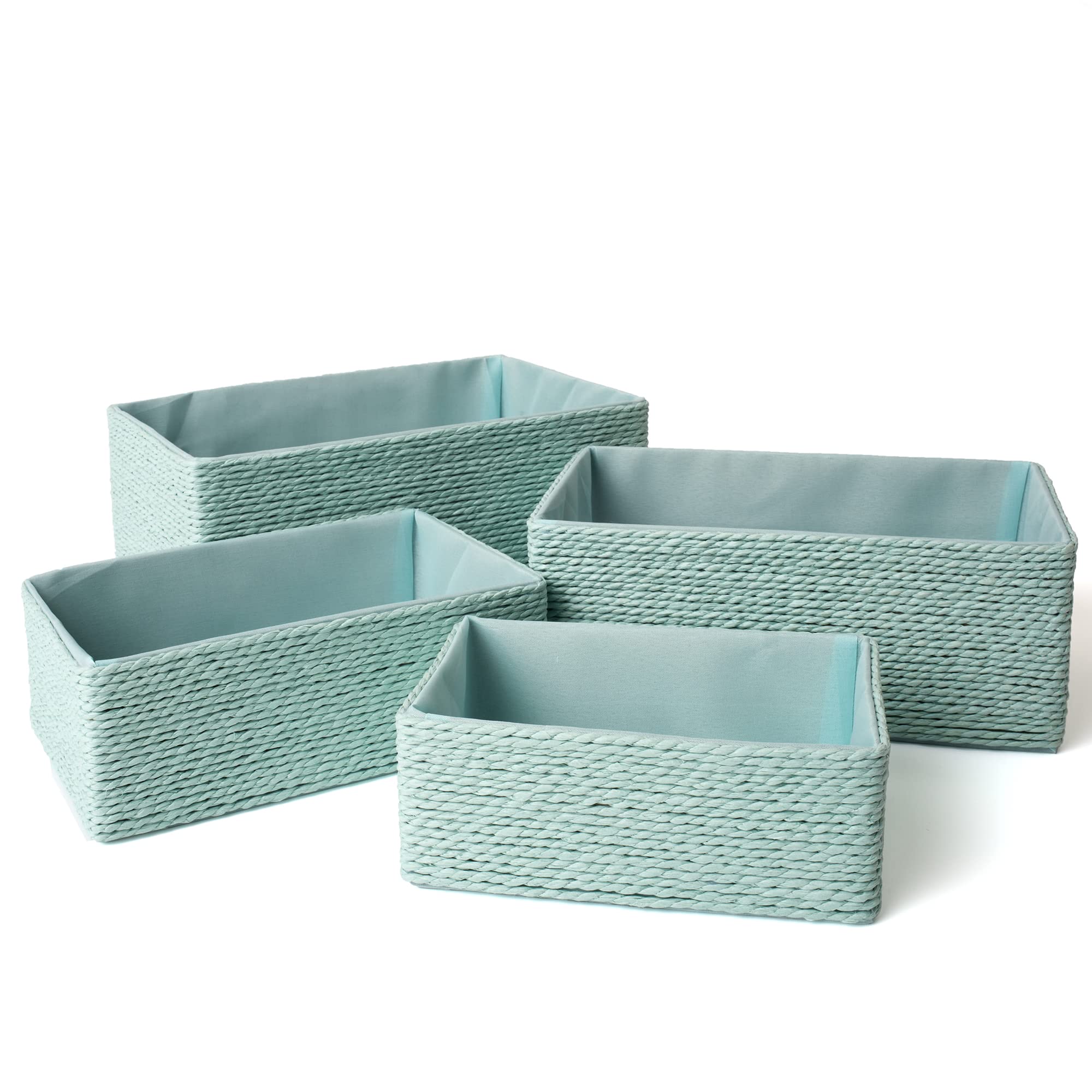 Storage Baskets Set 4 - Stackable Woven Basket Paper Rope Bin, Storage Boxes For Makeup Closet Bathroom Bedroom (Light Green)