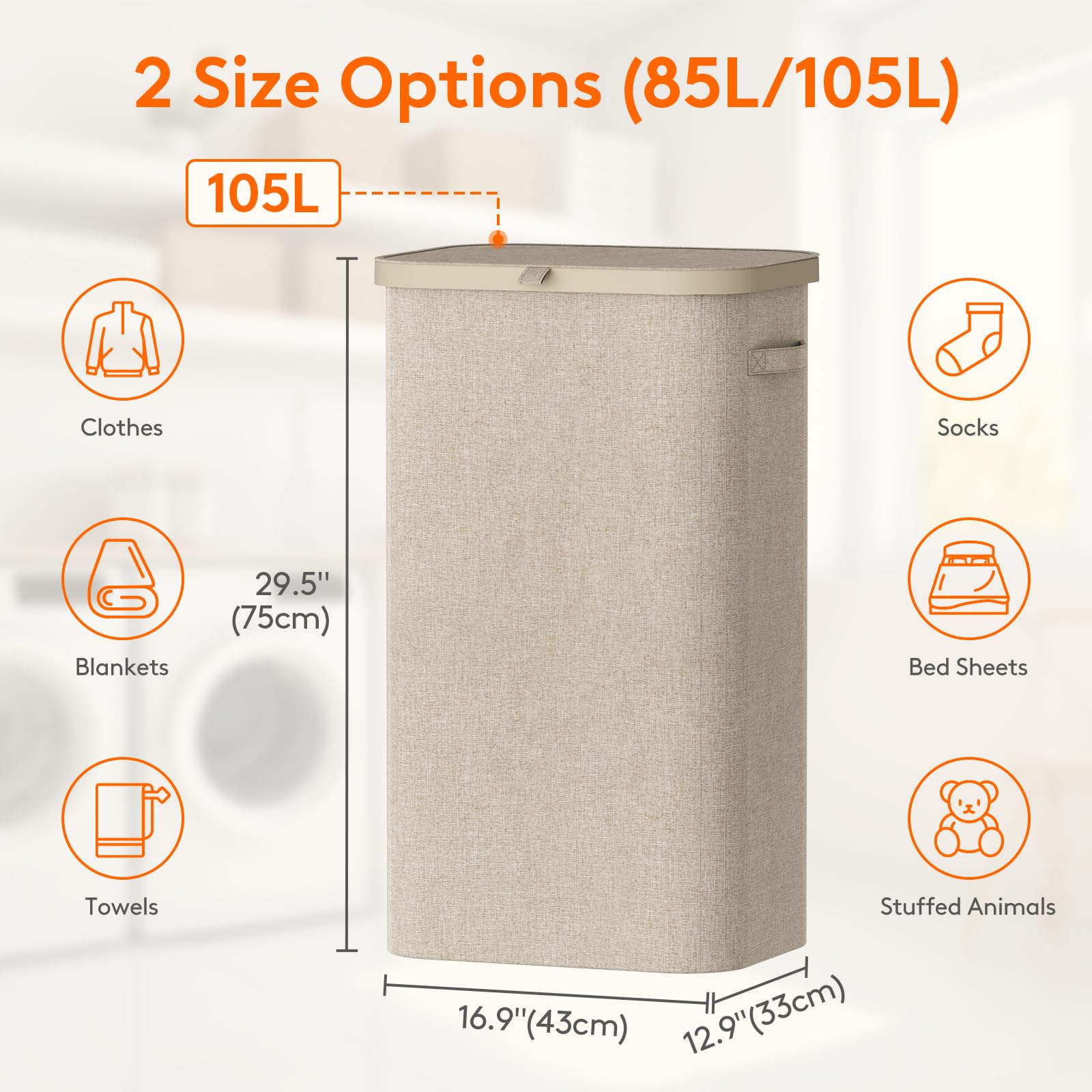 Lifewit 105L Laundry Basket With Lid, Large Laundry Hamper With Plastic Handles And Removable Bag, Foldable Tall Dirty Clothes H